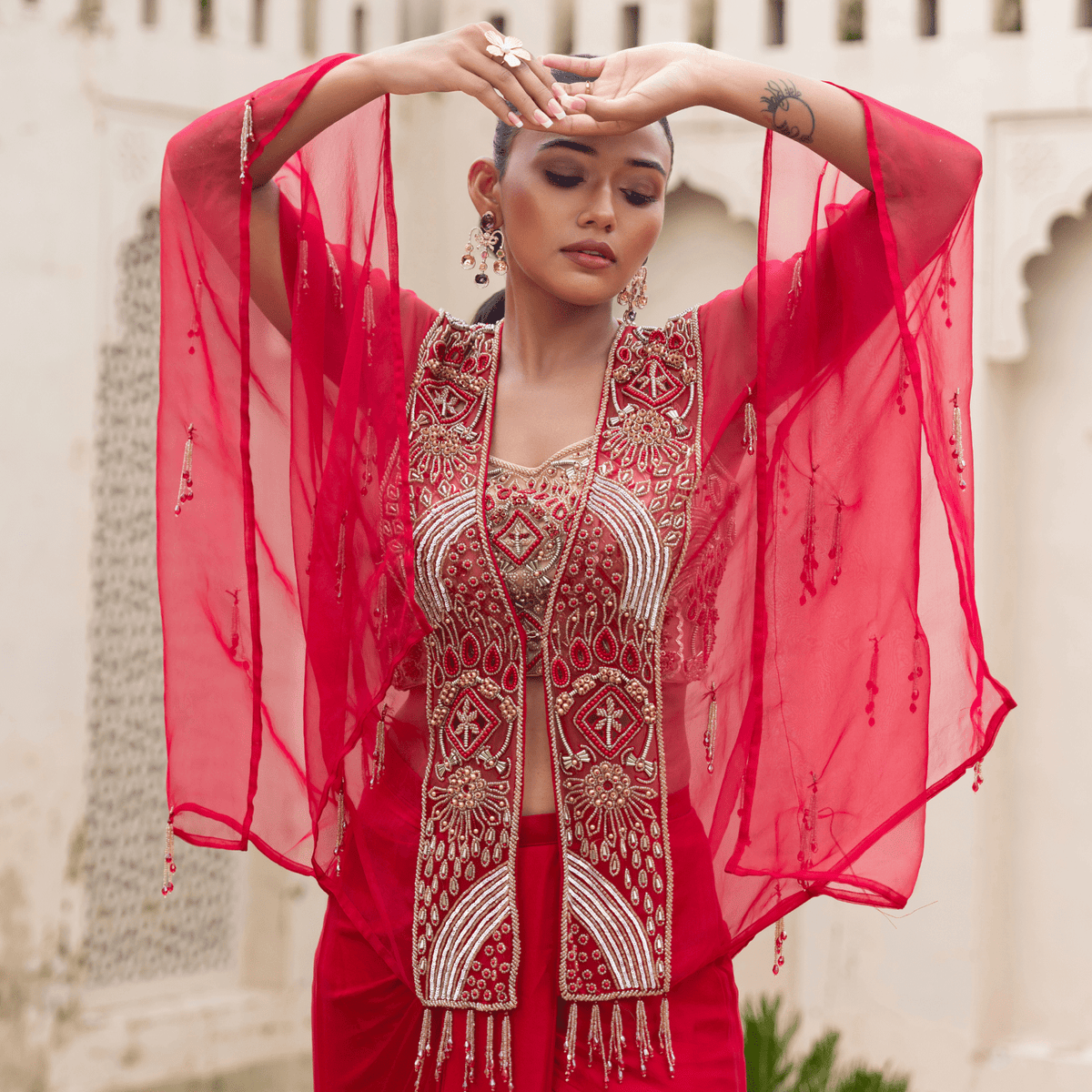 AMBIKA-Tasselled Draped Cape Set — view 5