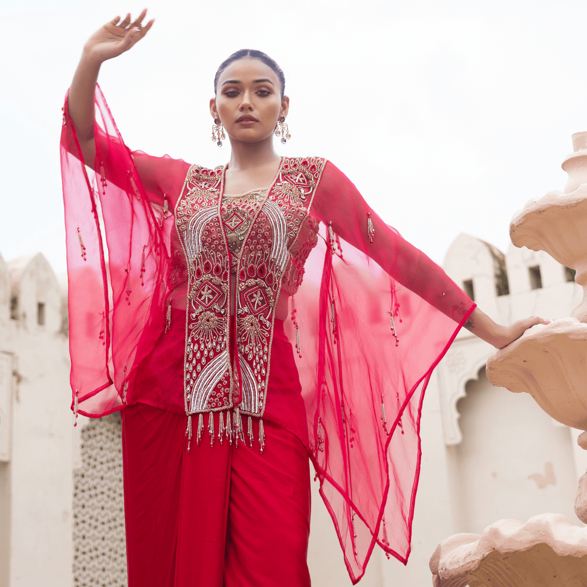 AMBIKA-Tasselled Draped Cape Set — view 1