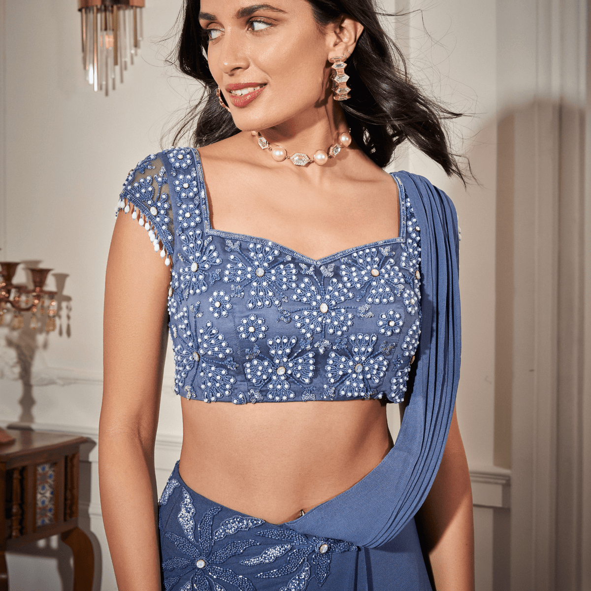 Applique draped Saree, Embroidered Blouse — view 2