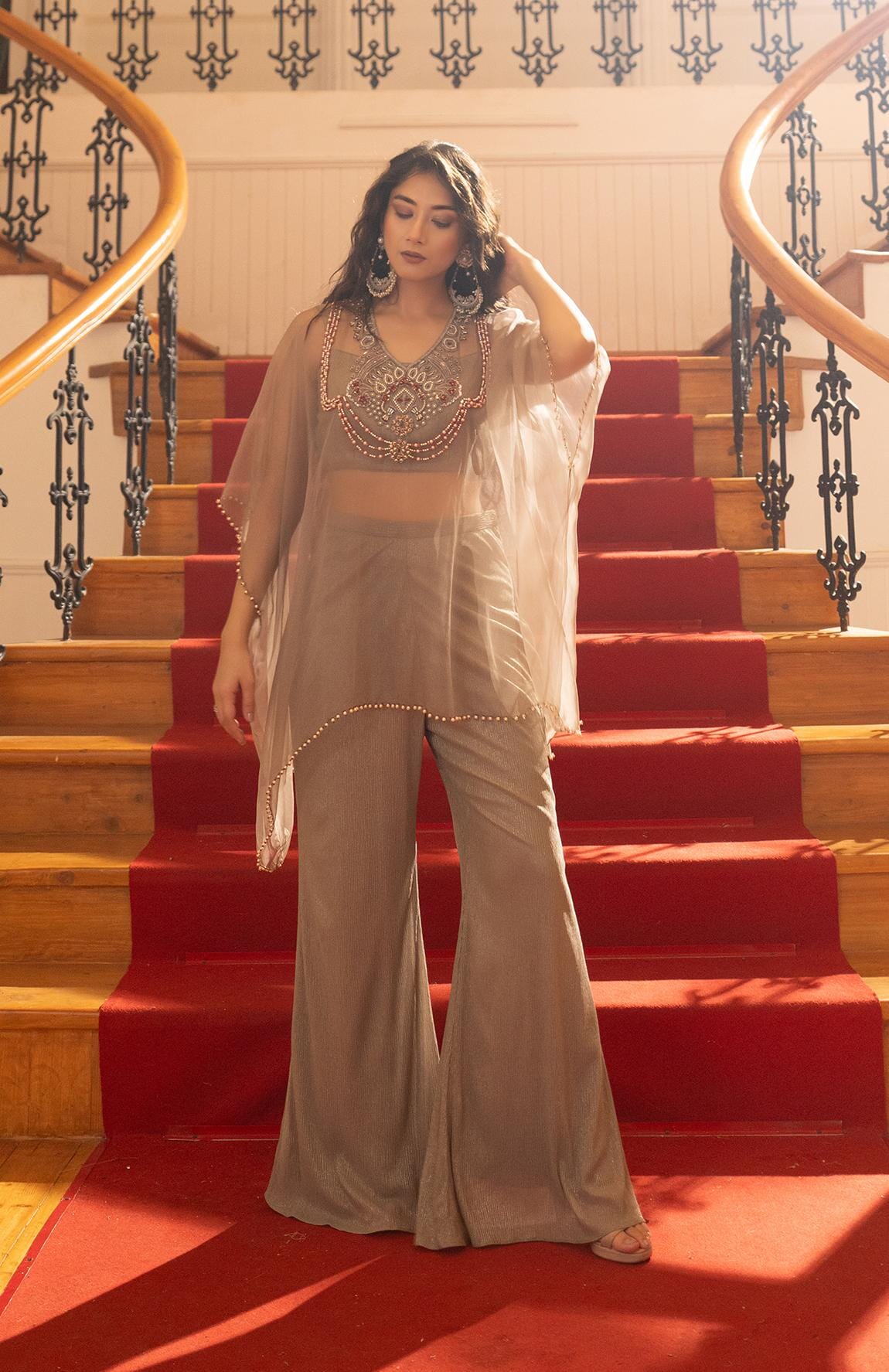 CHANDARUPA-Embellished Sheer Kaftan Set