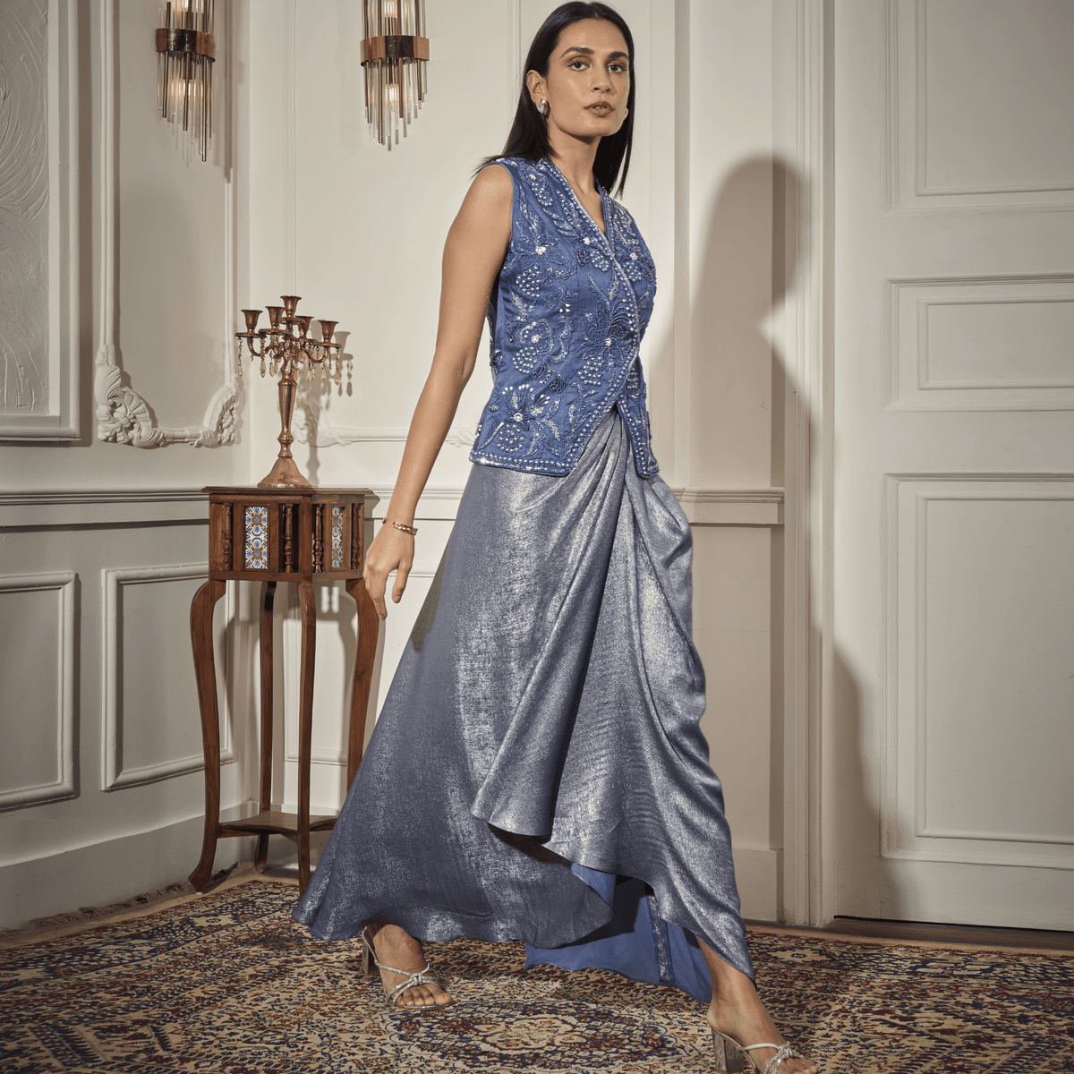 Draped Skirt, Embroidered Waistcoat — view 1