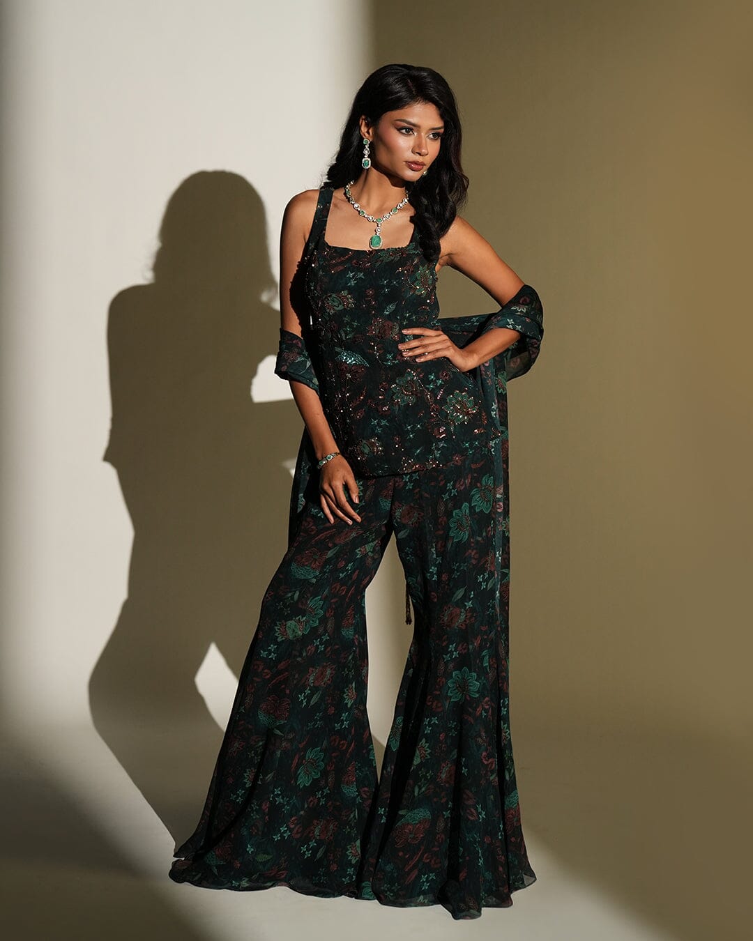 Eka by KIYOHRA – green floral printed and embroidered pant set, view 2