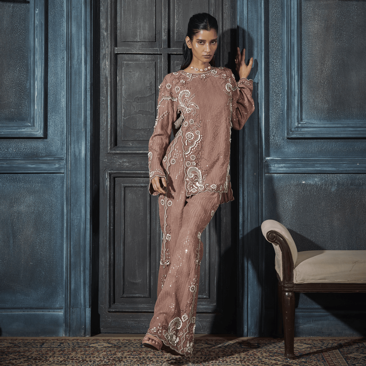 Embroidered Tunic, Bustier, Flare Pants — view 1