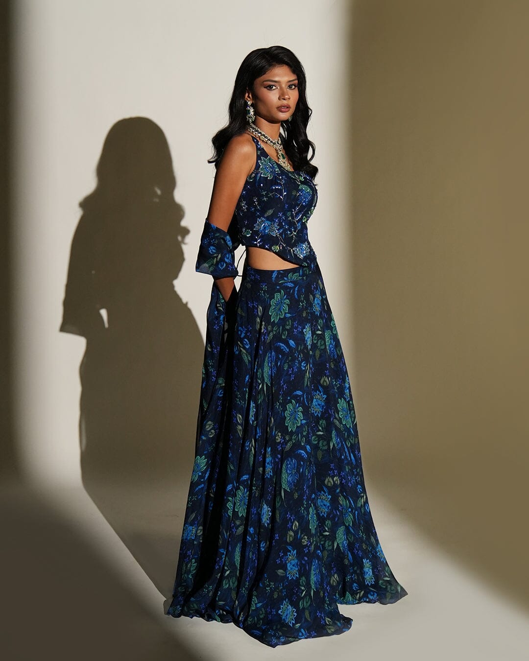 Inara by KIYOHRA – blue floral printed and embroidered lehenga, view 4