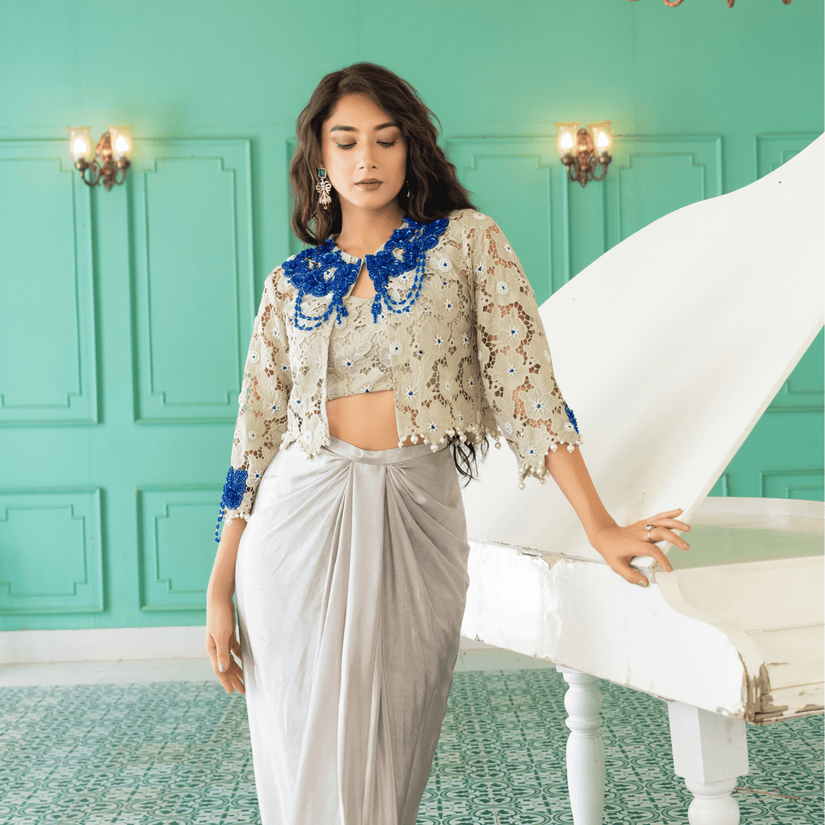 JAYA-Embroidered Draped Cape Set — view 3