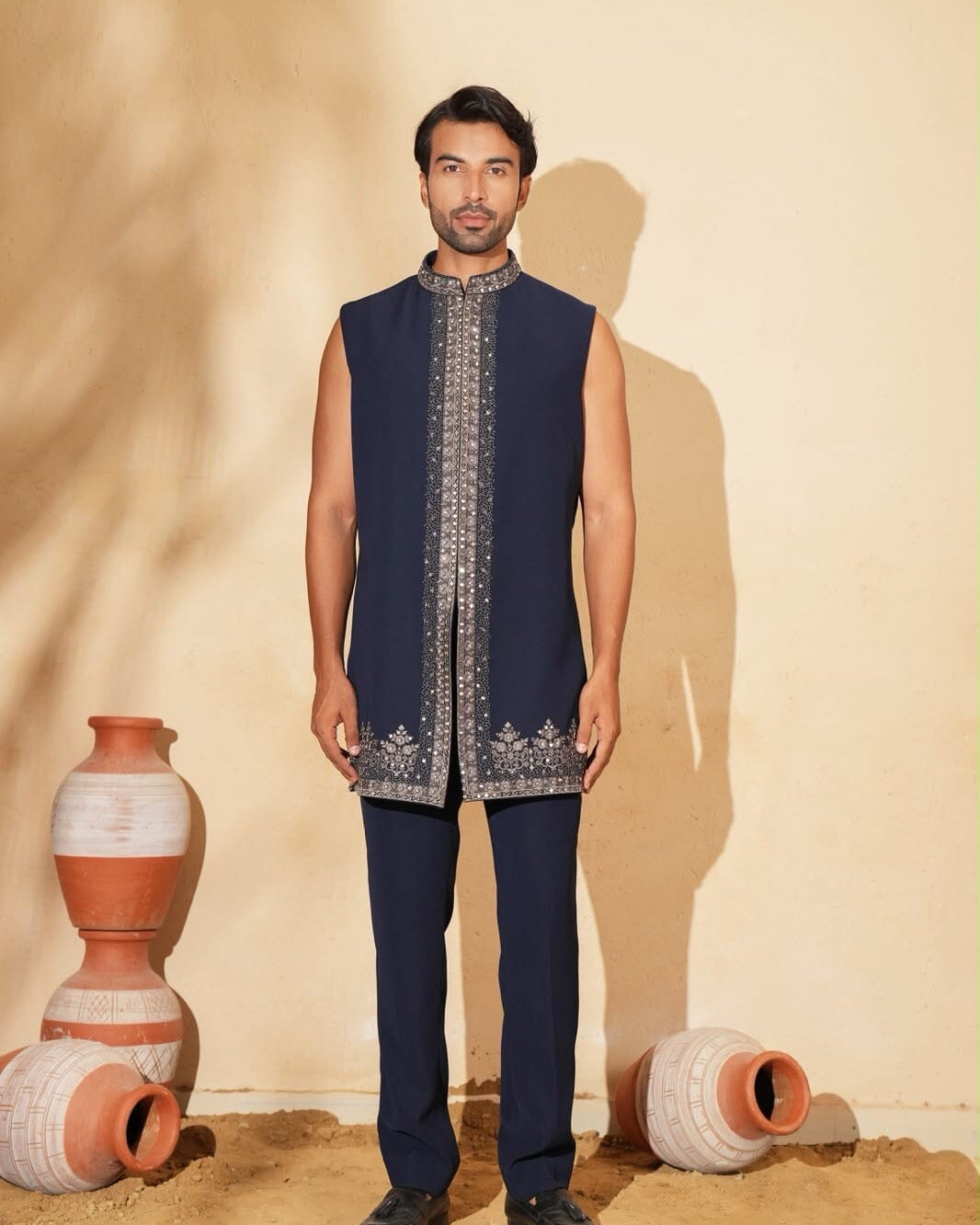 Navy Blue Mirror Indo Set sleeveless inner jacket