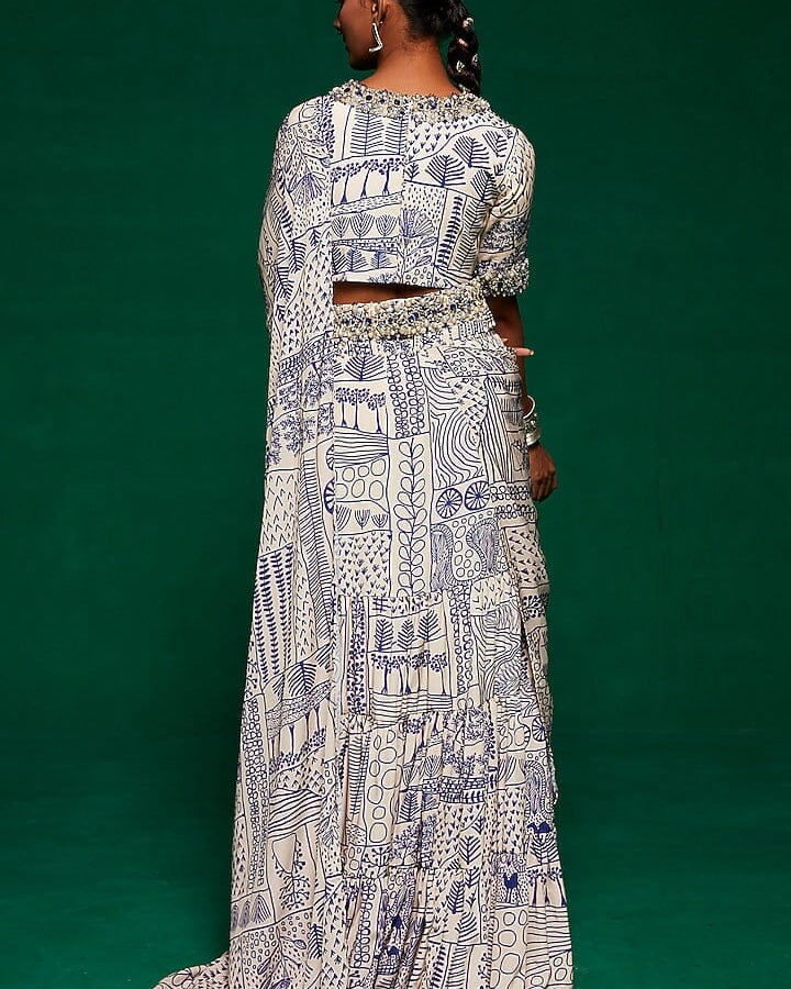 Payal & Zinal off-white and blue pre-stitched saree set