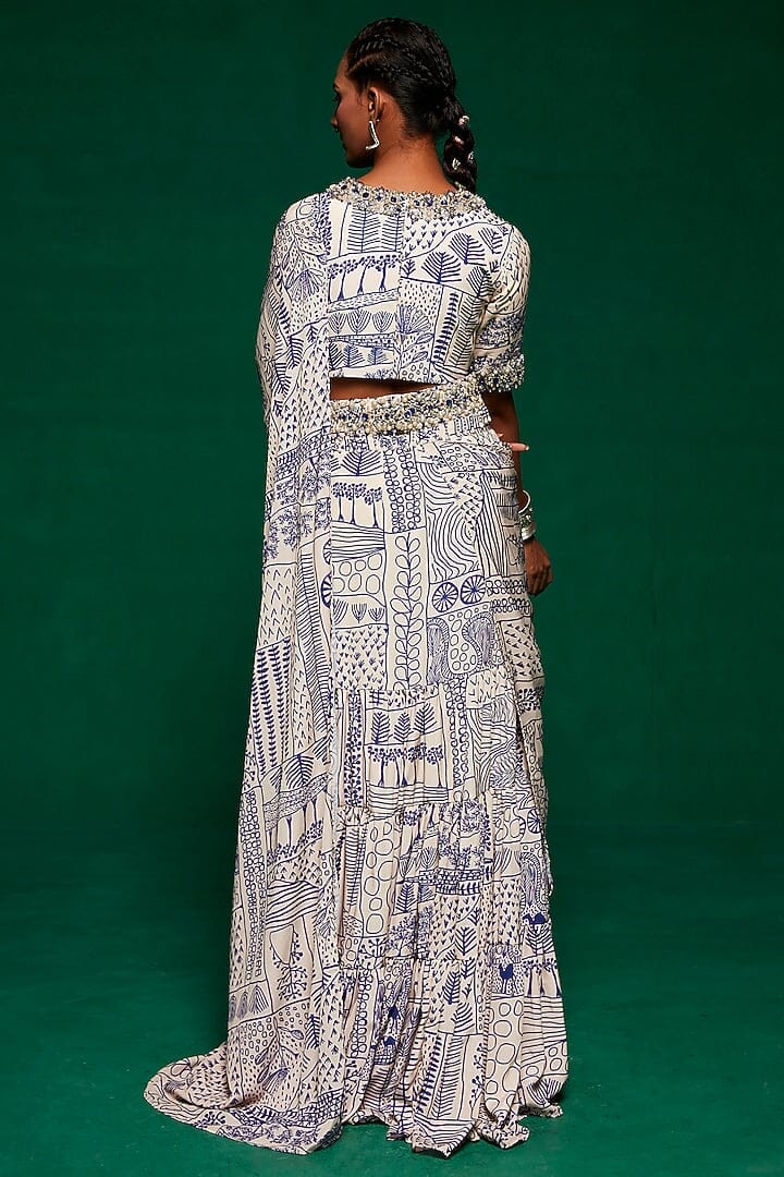 Payal & Zinal off-white and blue pre-stitched saree set