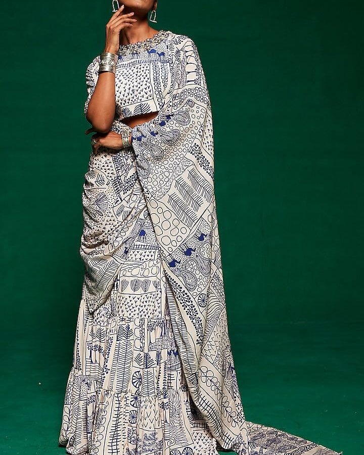 Payal & Zinal off-white and blue pre-stitched saree set