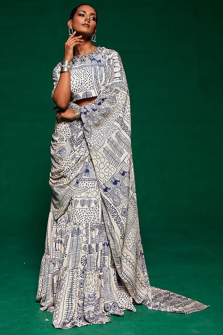 Payal & Zinal off-white and blue pre-stitched saree set