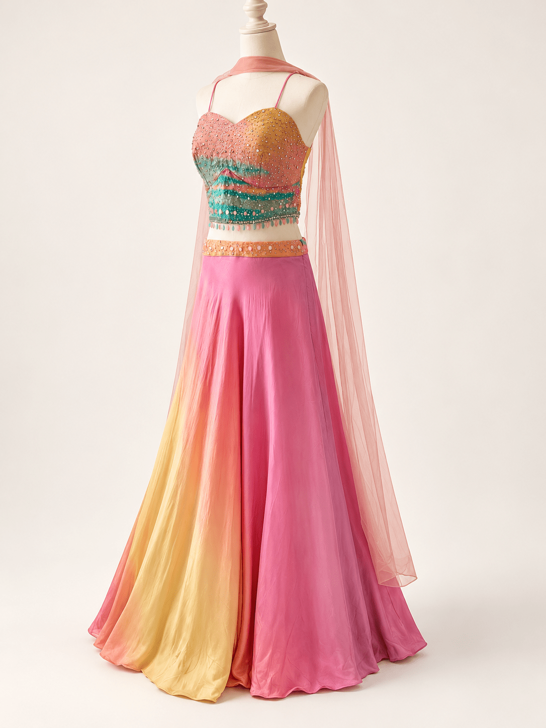 Pink ombré rental lehenga set with embellished multicolor blouse and sheer blush dupatta, size M/L