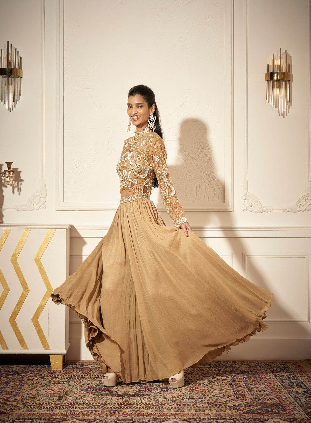 Pleated Palazzos, Embroidered Blouse