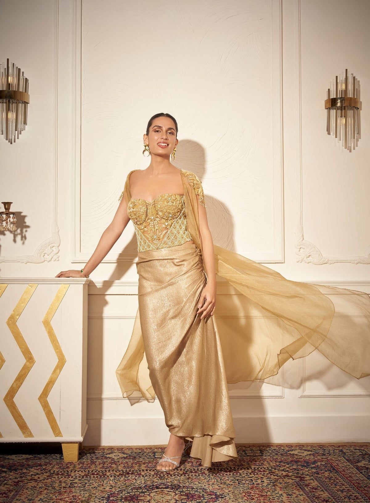 Side Draped Skirt, Embroidered Corset, Long Cape