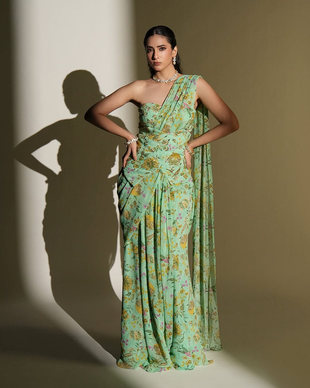 Sienna by KIYOHRA – aqua floral printed and embroidered saree set, view 3