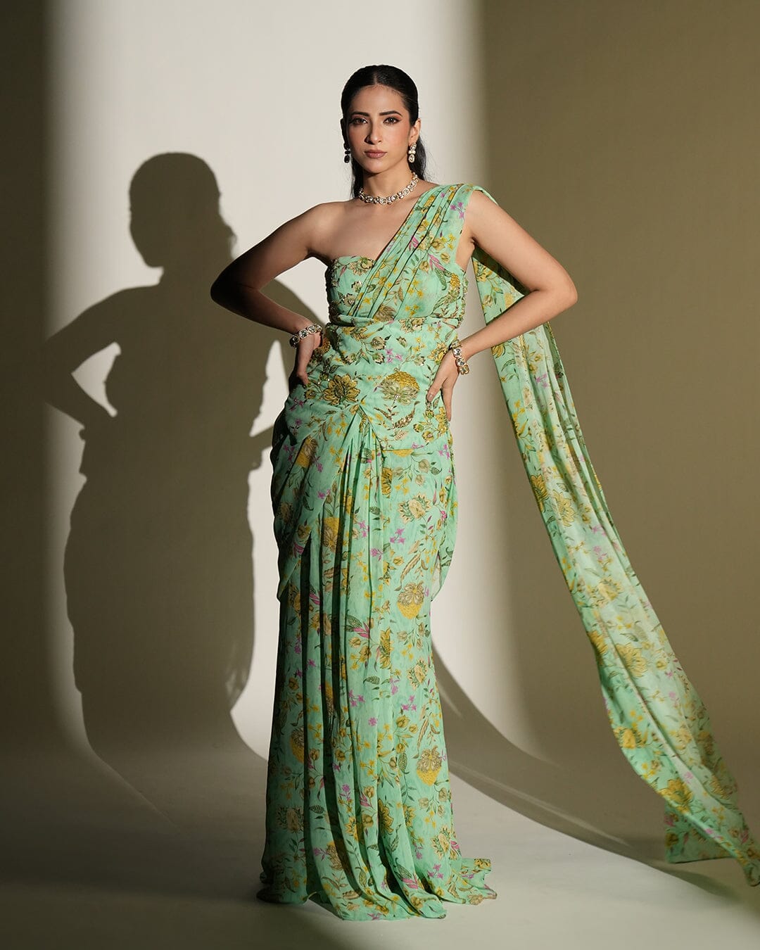 Sienna by KIYOHRA – aqua floral printed and embroidered saree set, view 1