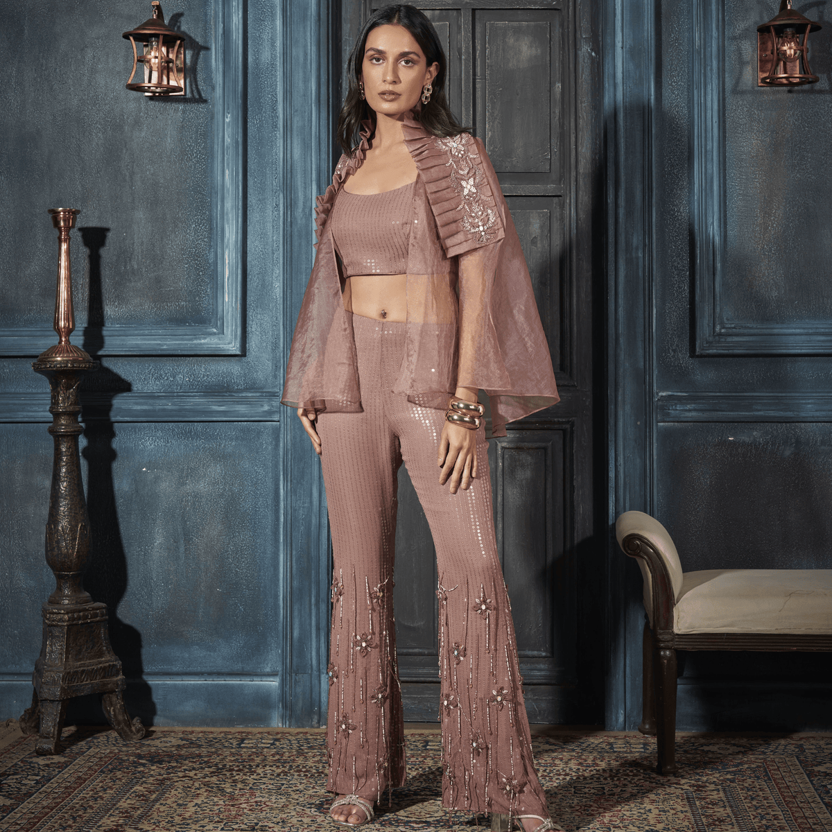 Slit sleeve Cape, Bustier, Boot-cut Pants — view 2