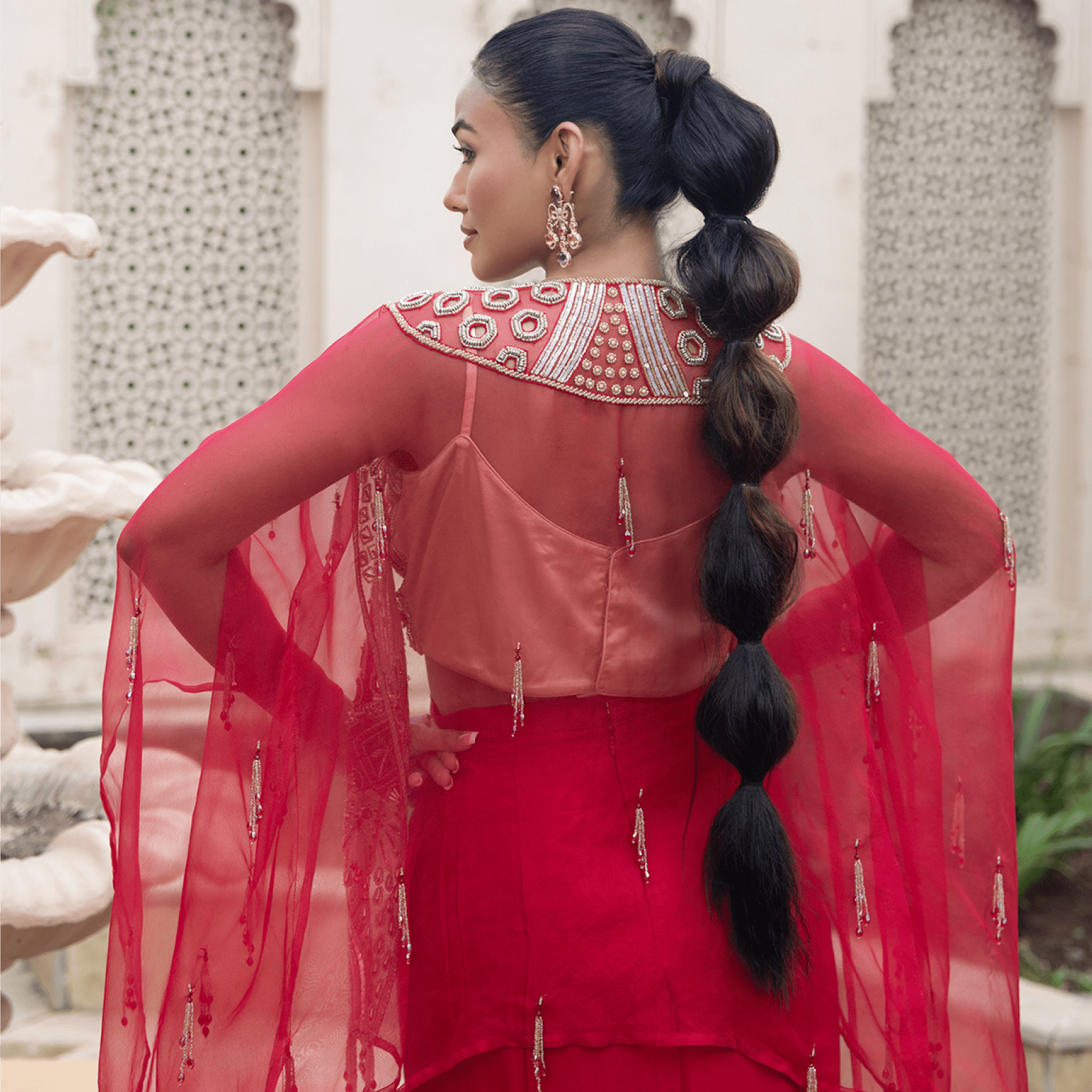 AMBIKA-Tasselled Draped Cape Set — view 3