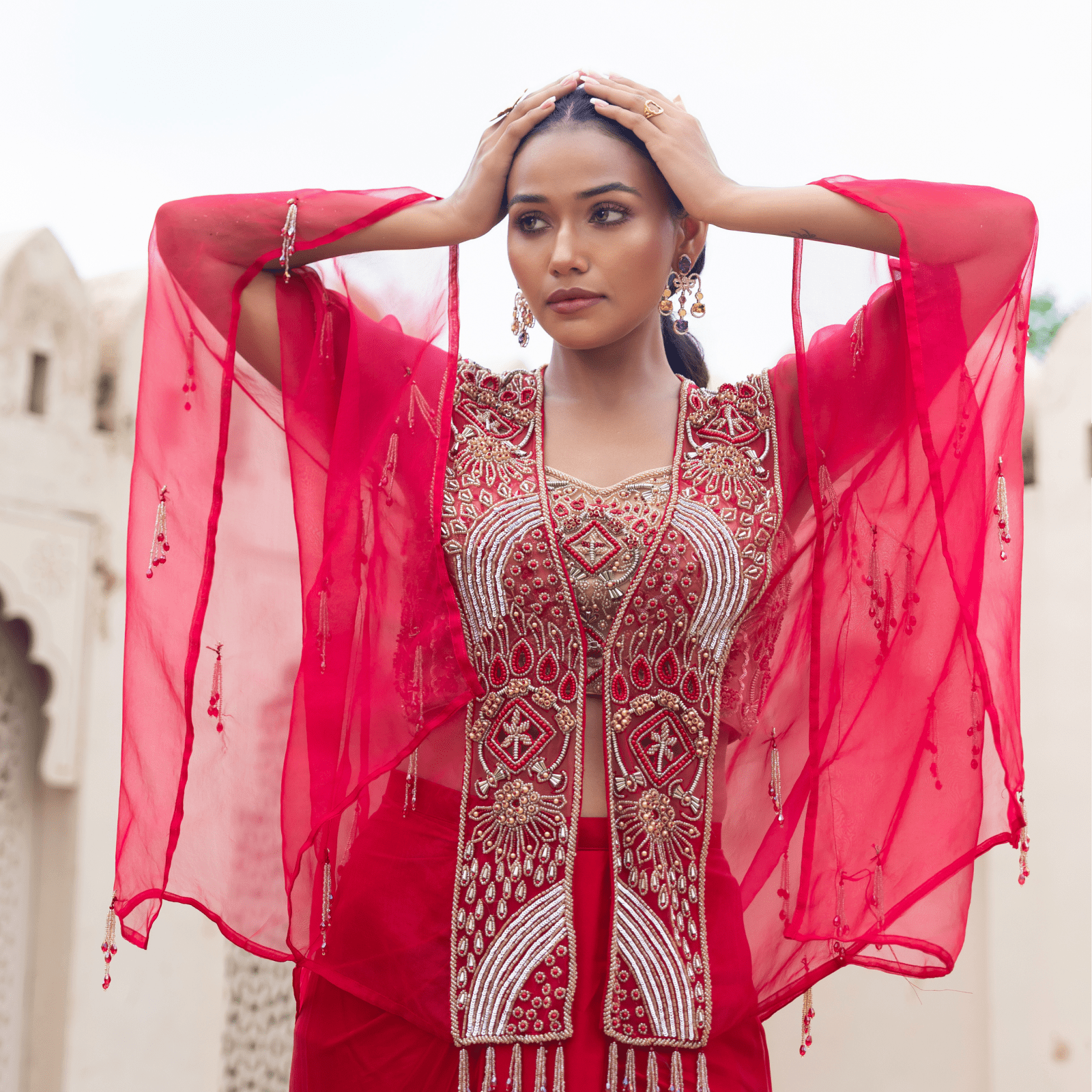 AMBIKA-Tasselled Draped Cape Set — view 4