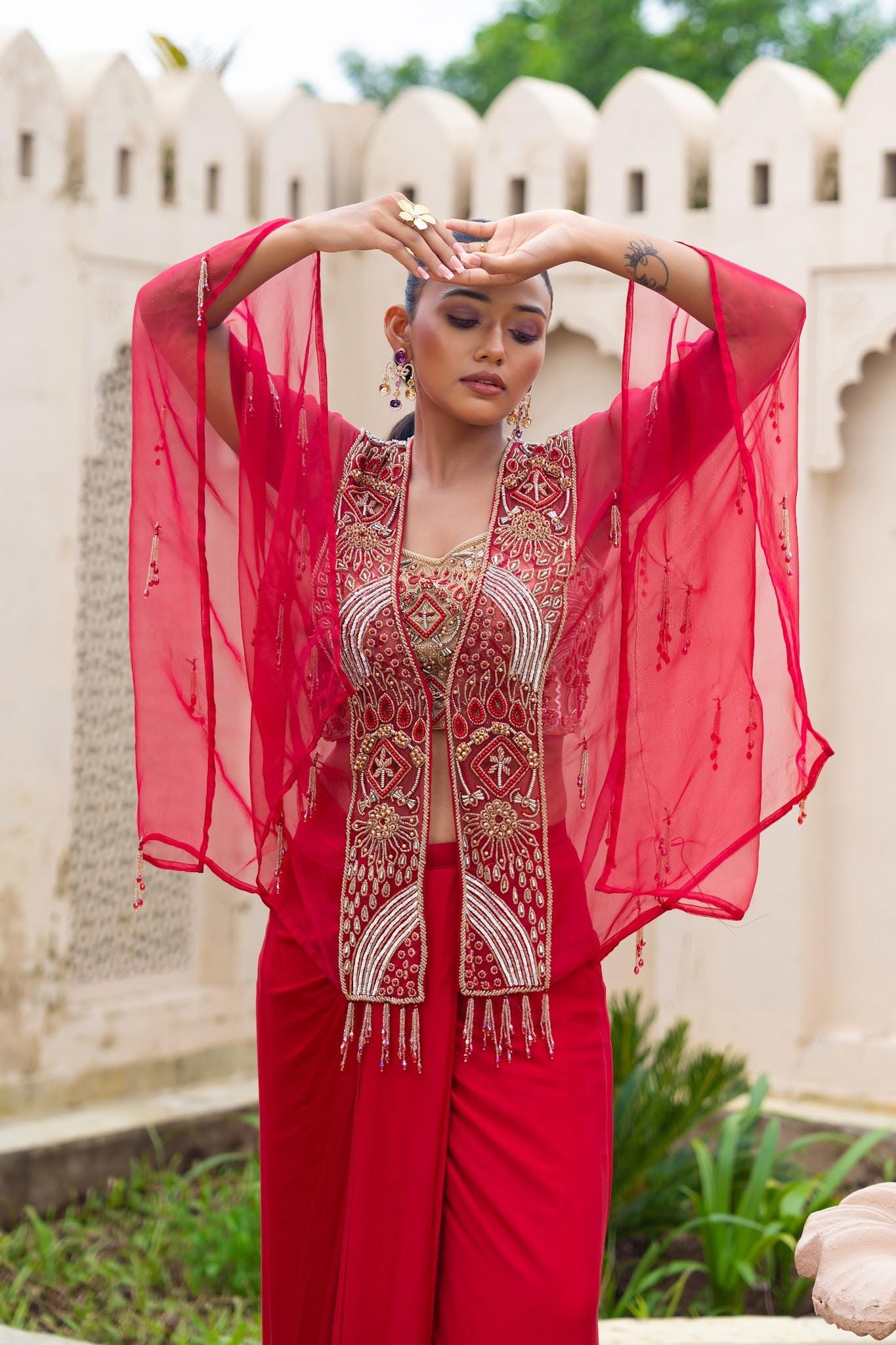 AMBIKA-Tasselled Draped Cape Set
