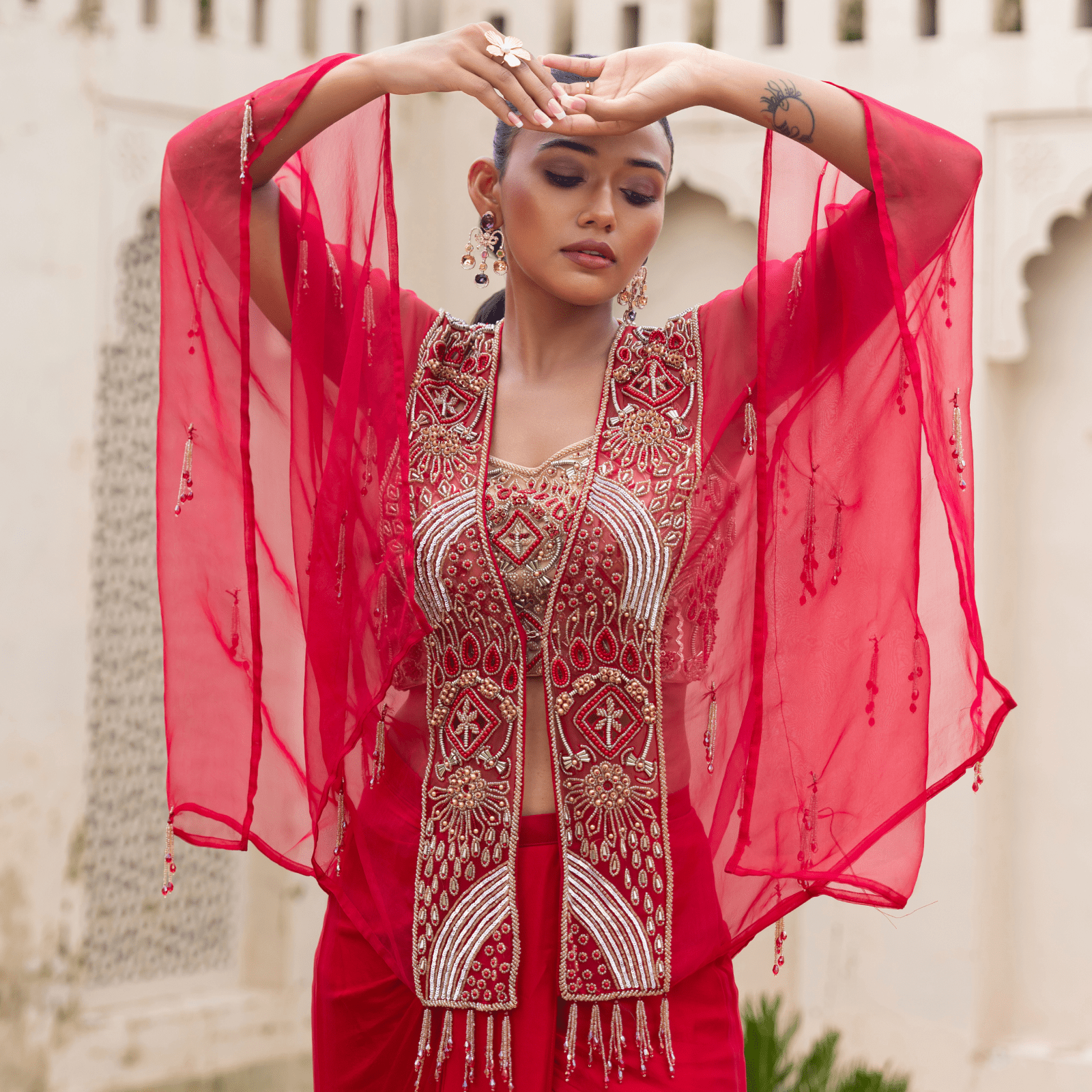 AMBIKA-Tasselled Draped Cape Set — view 5