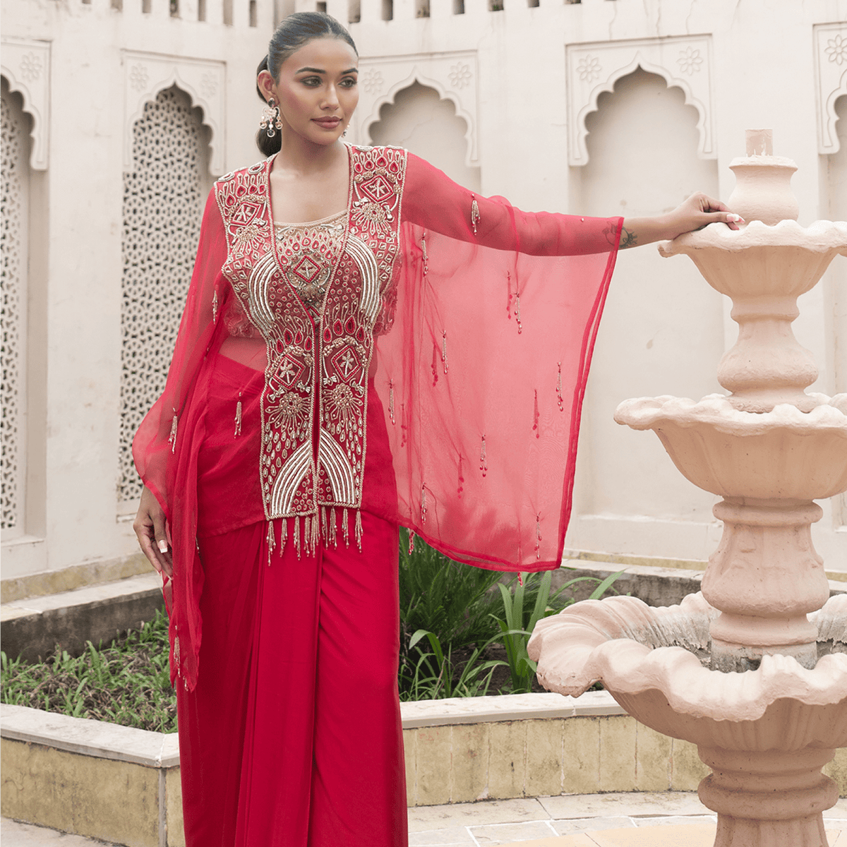 AMBIKA-Tasselled Draped Cape Set — view 2