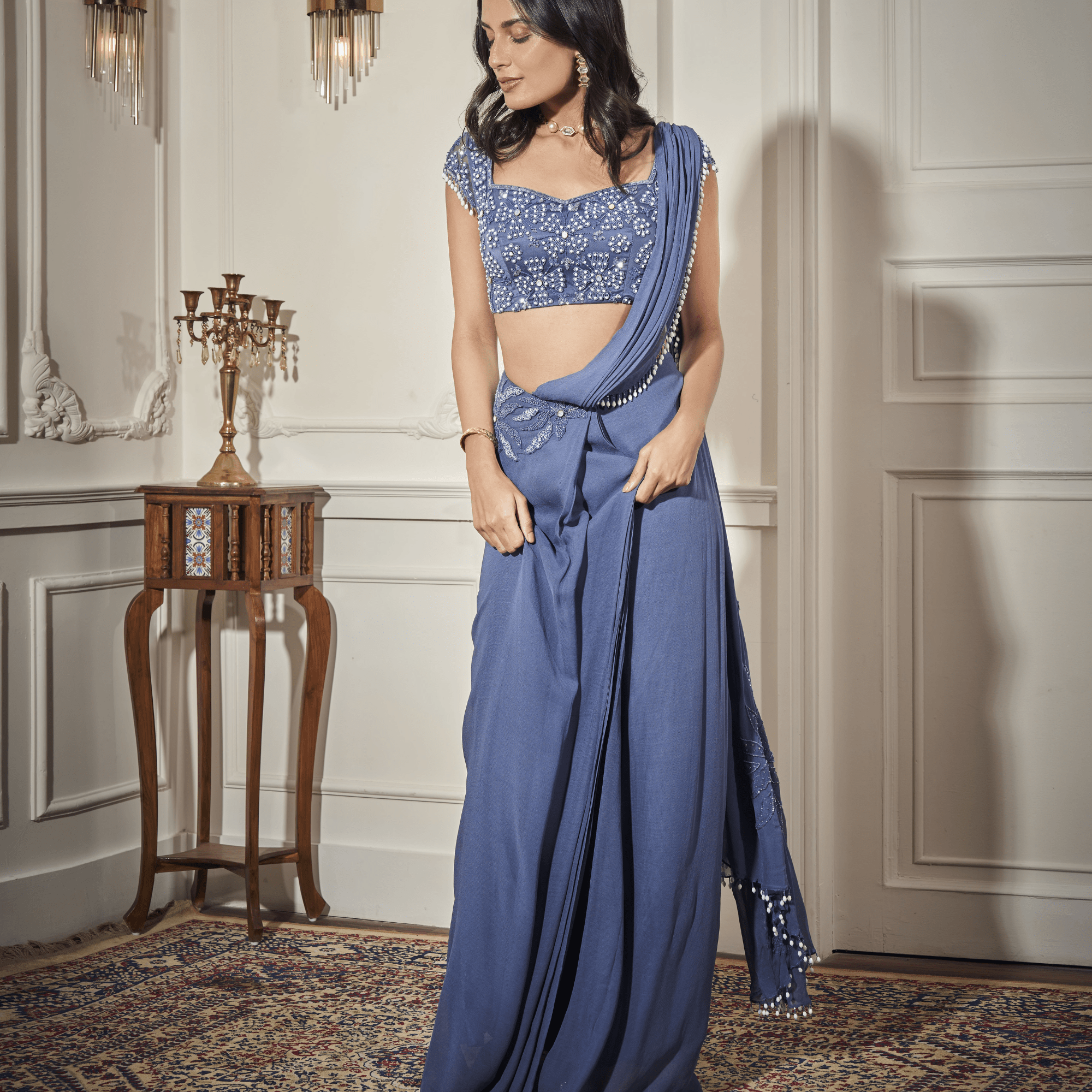 Applique draped Saree, Embroidered Blouse — view 5
