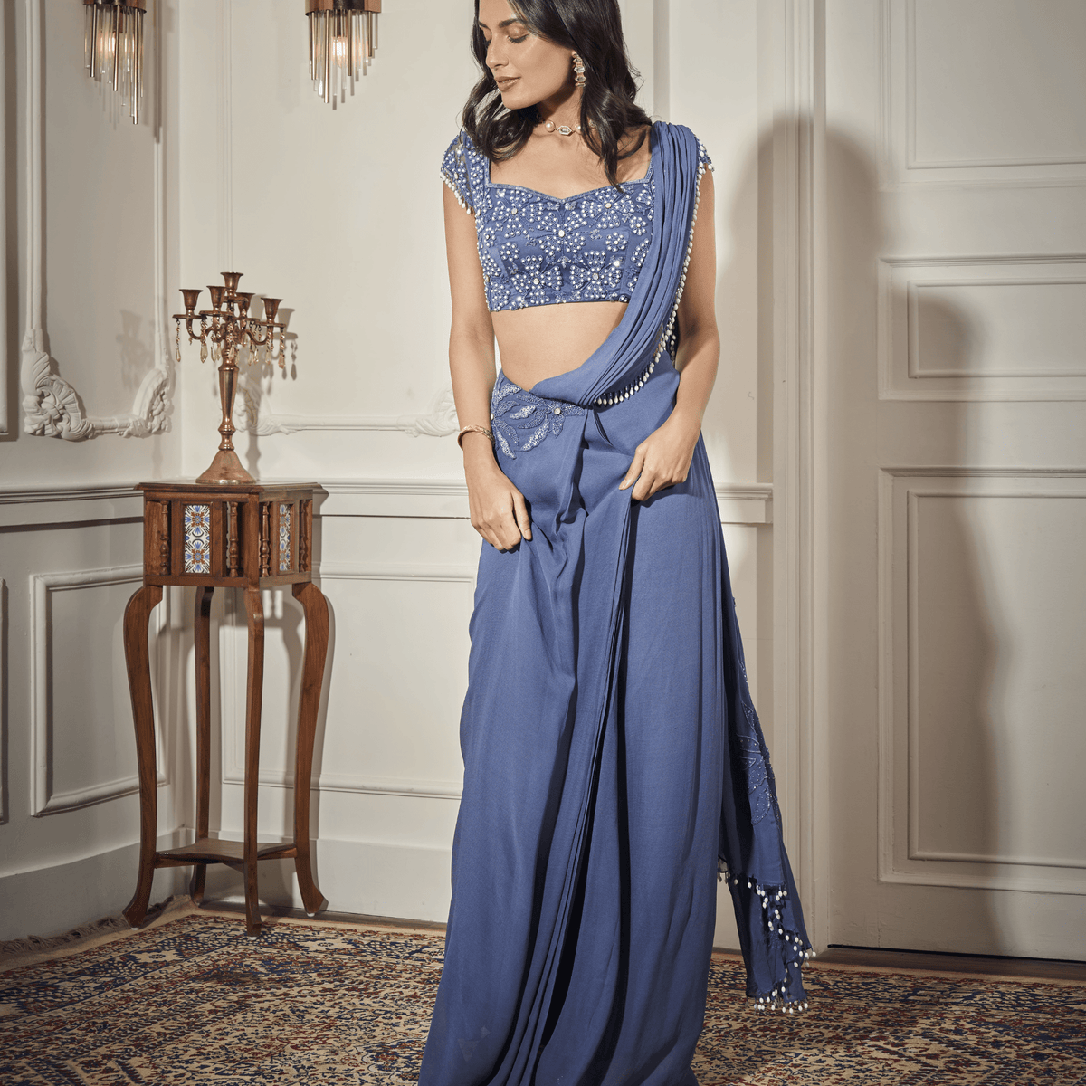 Applique draped Saree, Embroidered Blouse — view 5