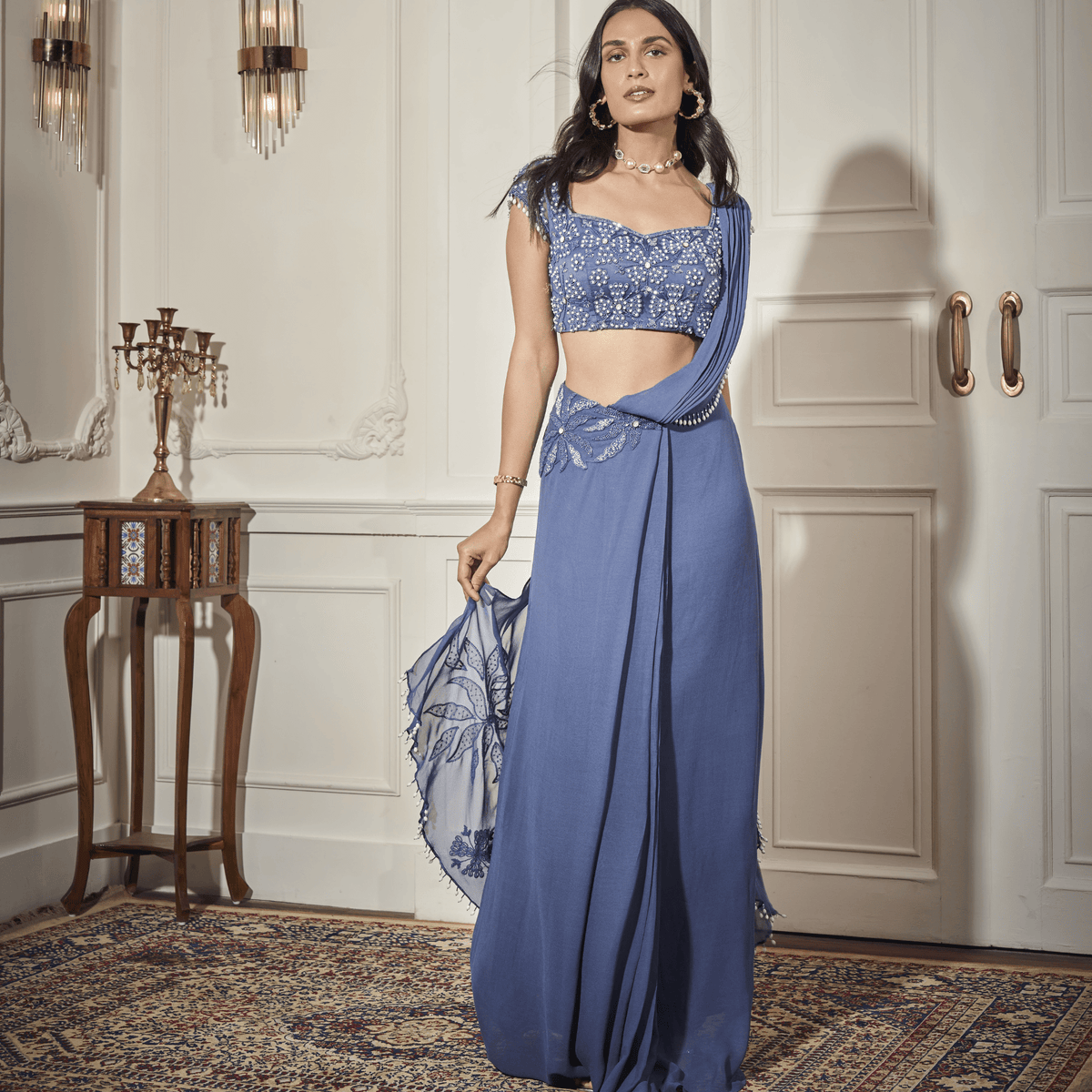 Applique draped Saree, Embroidered Blouse — view 1