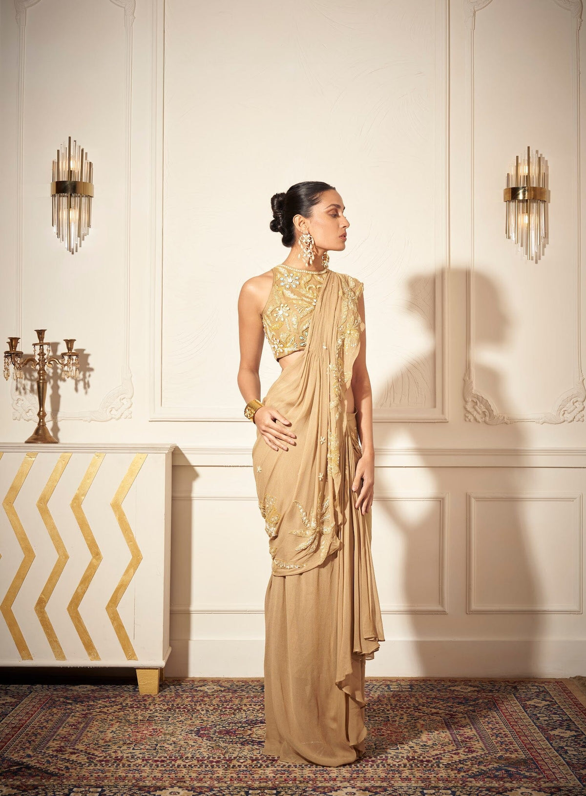 Applique draped Saree, Embroidered Blouse