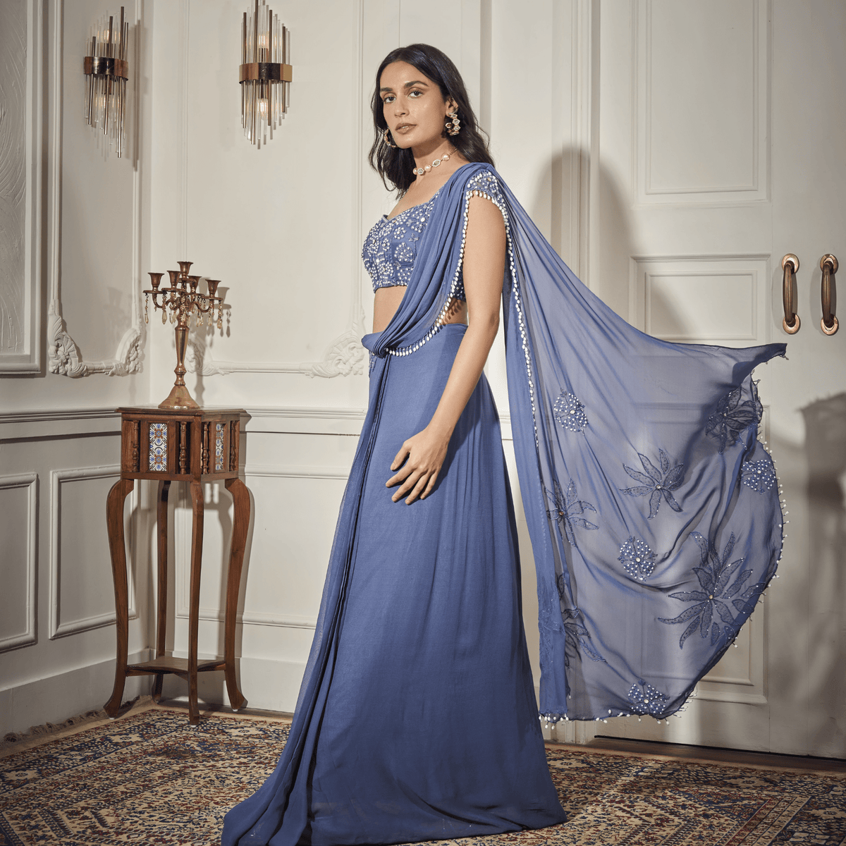 Applique draped Saree, Embroidered Blouse — view 4