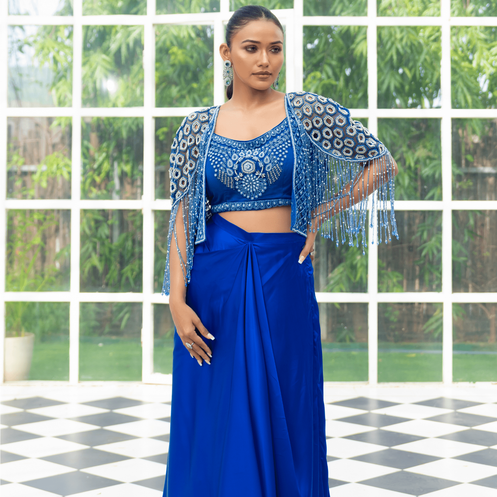 BHAVANI-Tasselled Shoulder Cape Set — view 1