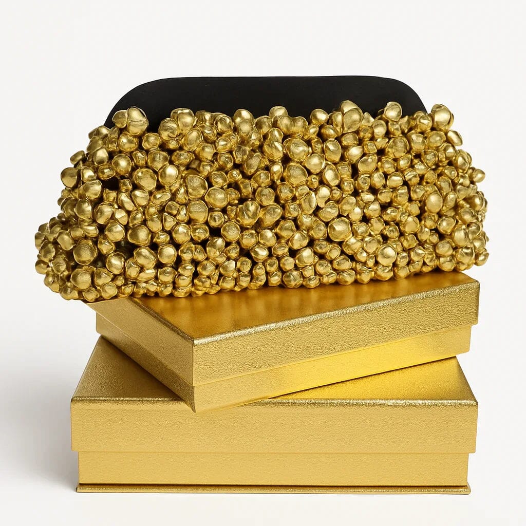 Blair black fabric statement clutch with gold stud embellishments