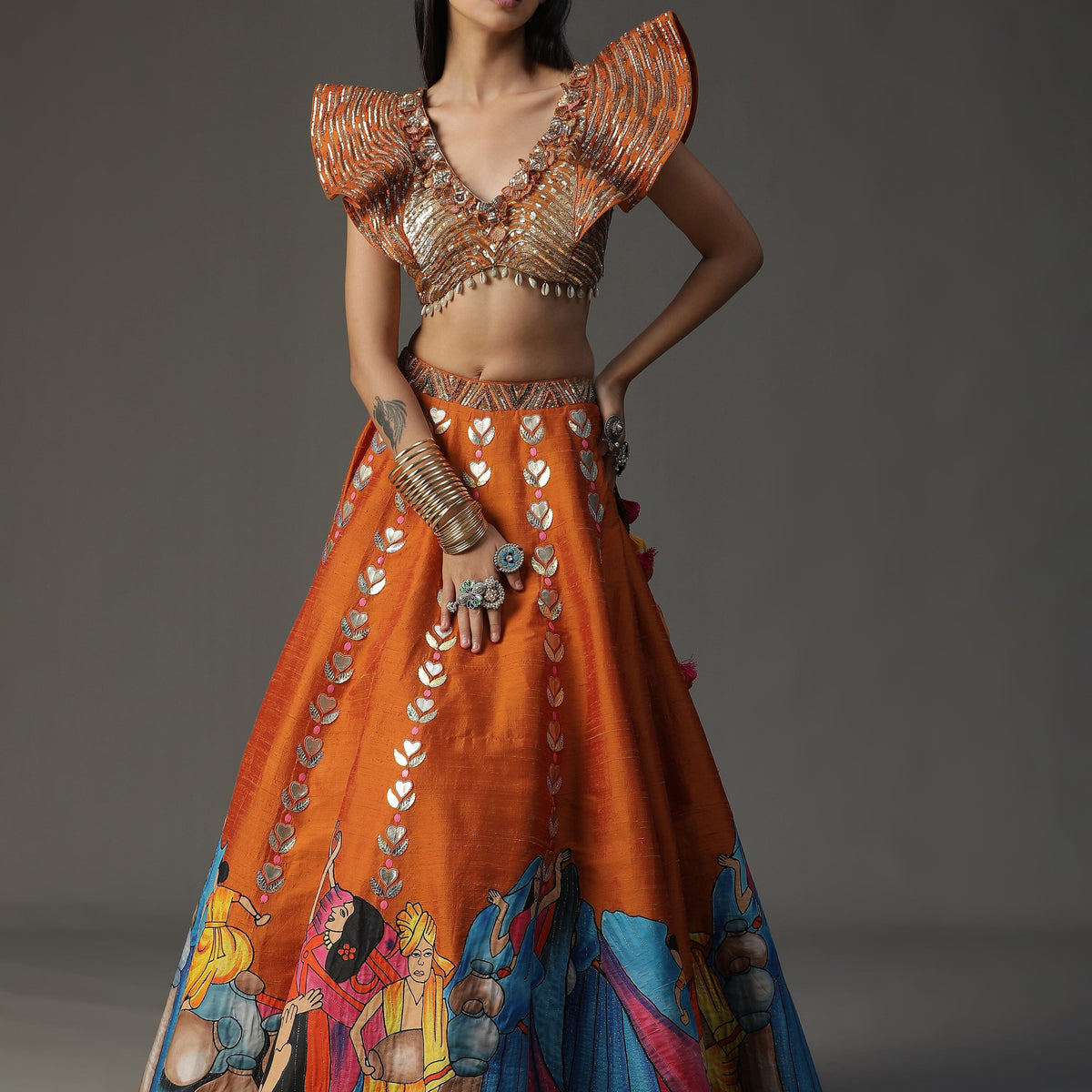 Burnt orange hand painted lehnga set – shopnavaa