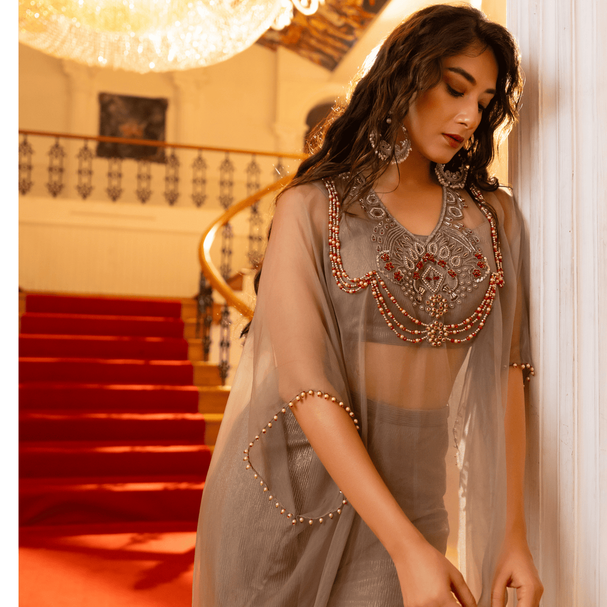 CHANDARUPA-Embellished Sheer Kaftan Set — view 4