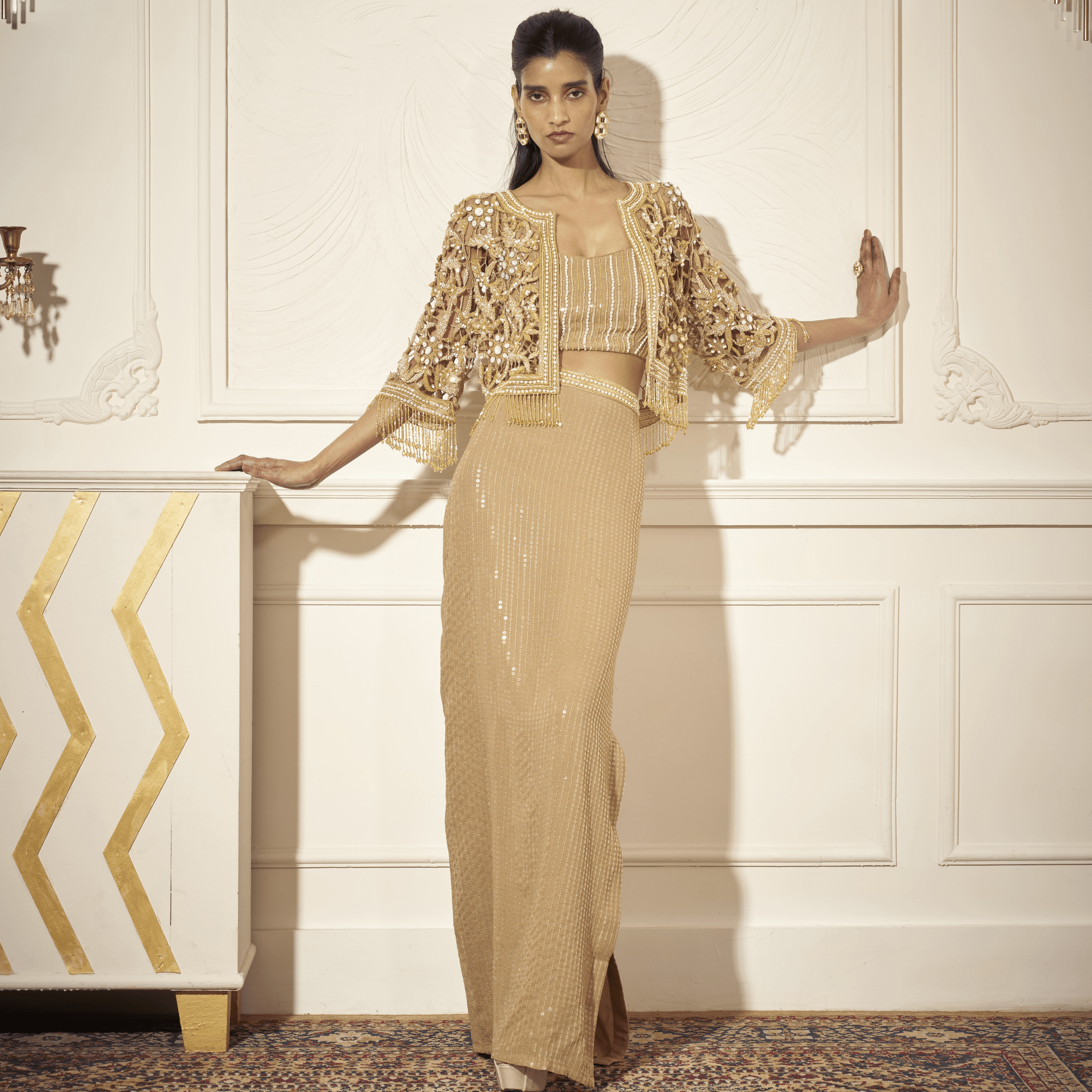 Cutwork Cape, Bustier, Pencil Skirt — view 1