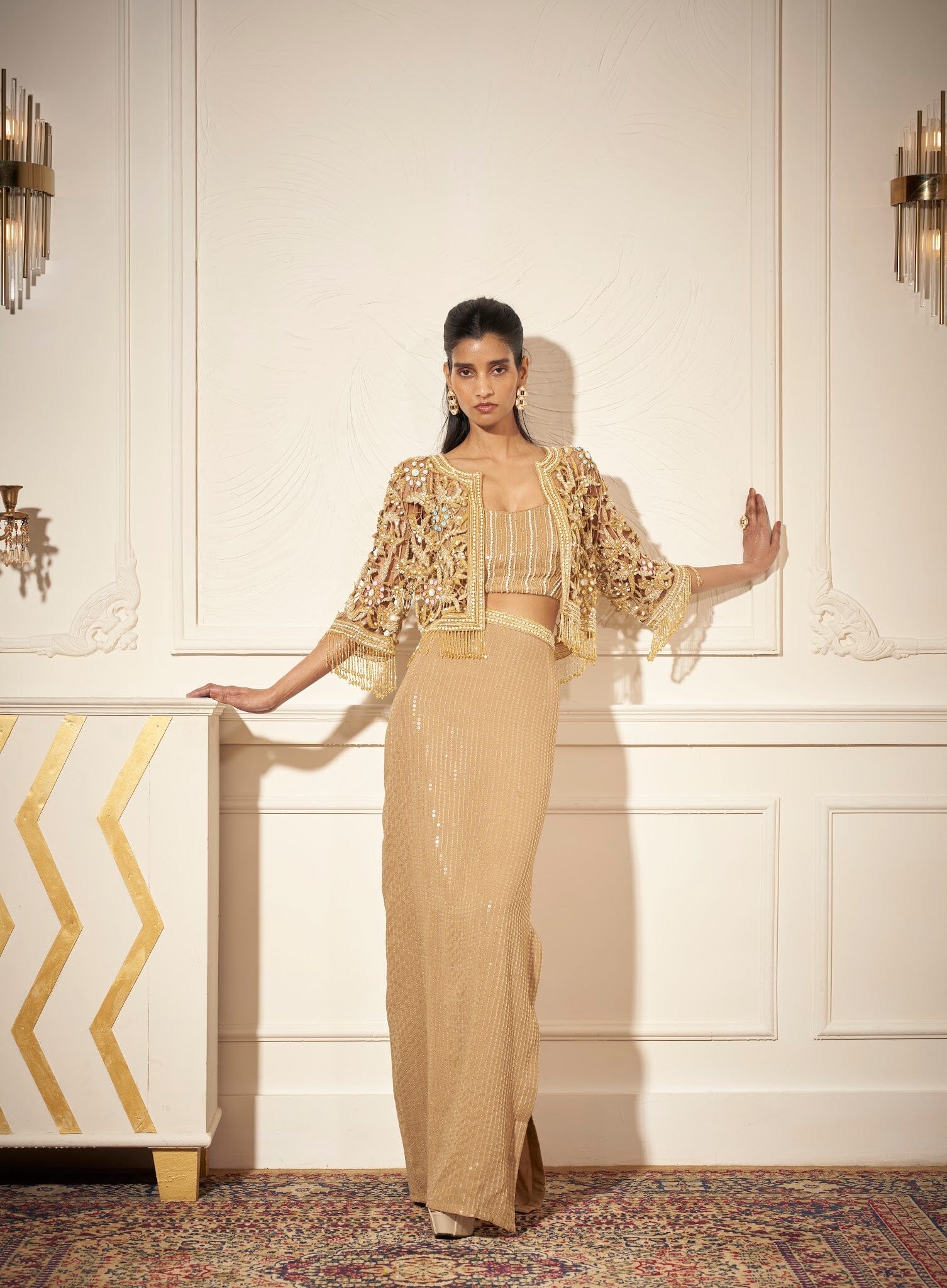 Cutwork Cape, Bustier, Pencil Skirt