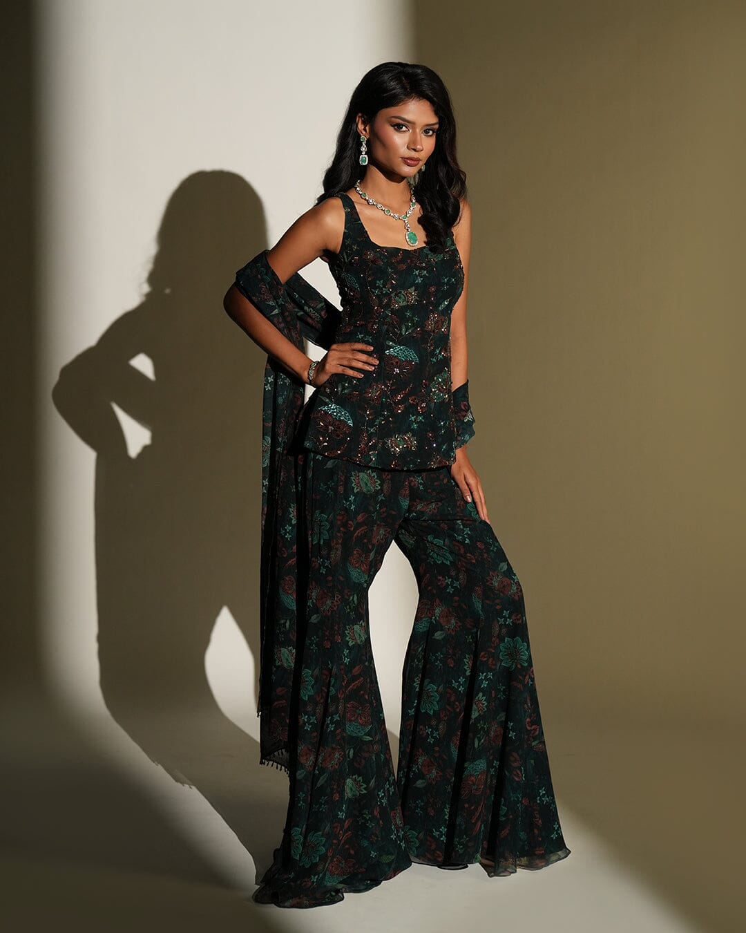 Eka by KIYOHRA – green floral printed and embroidered pant set, view 3