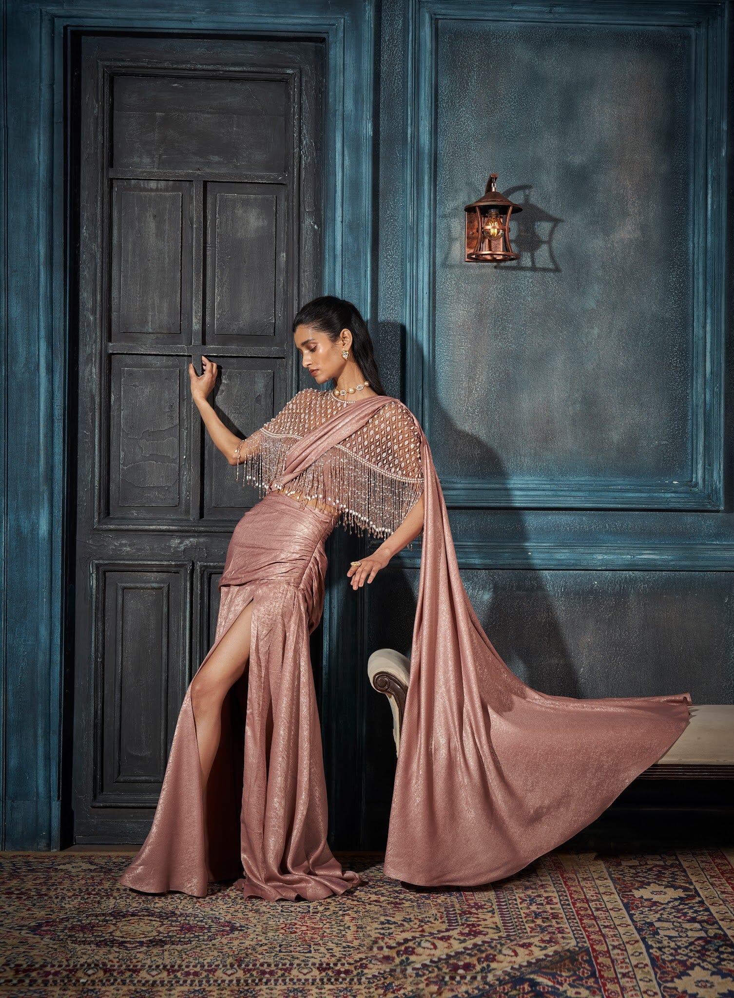 Embroidered Cape, Draped Saree, Bustier