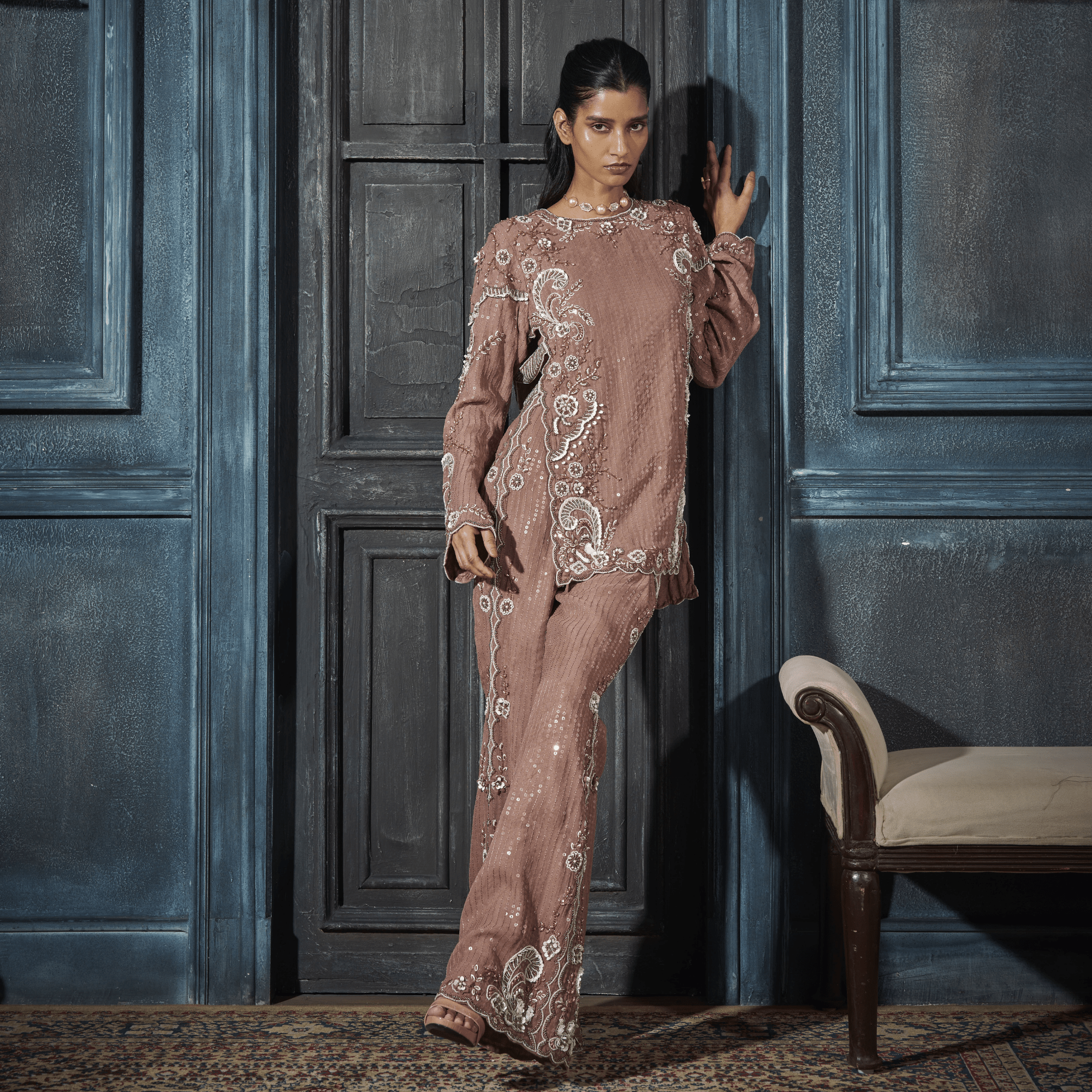 Embroidered Tunic, Bustier, Flare Pants — view 1