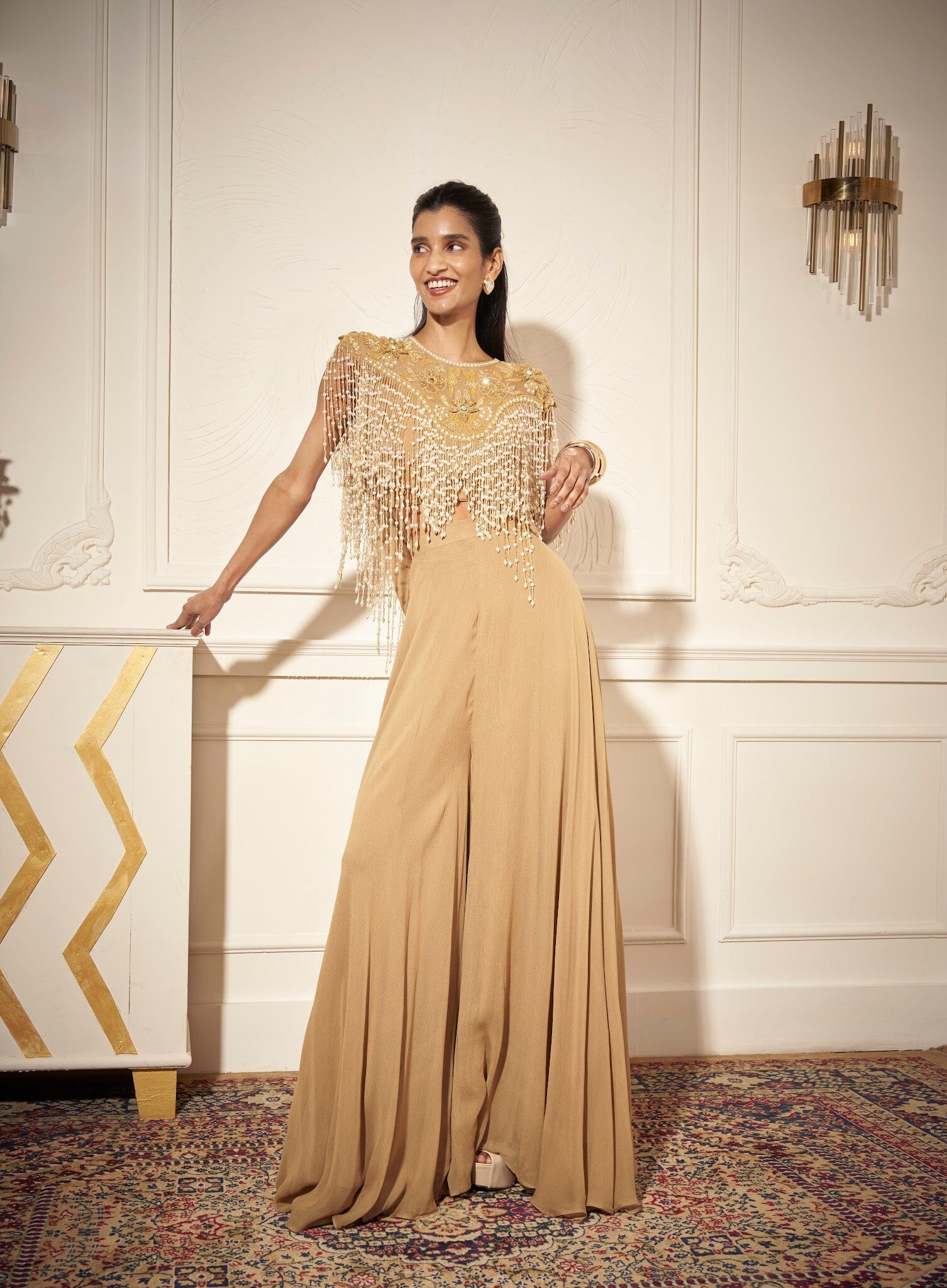 Flare Palazzos, Heavy tasseled high- low Top