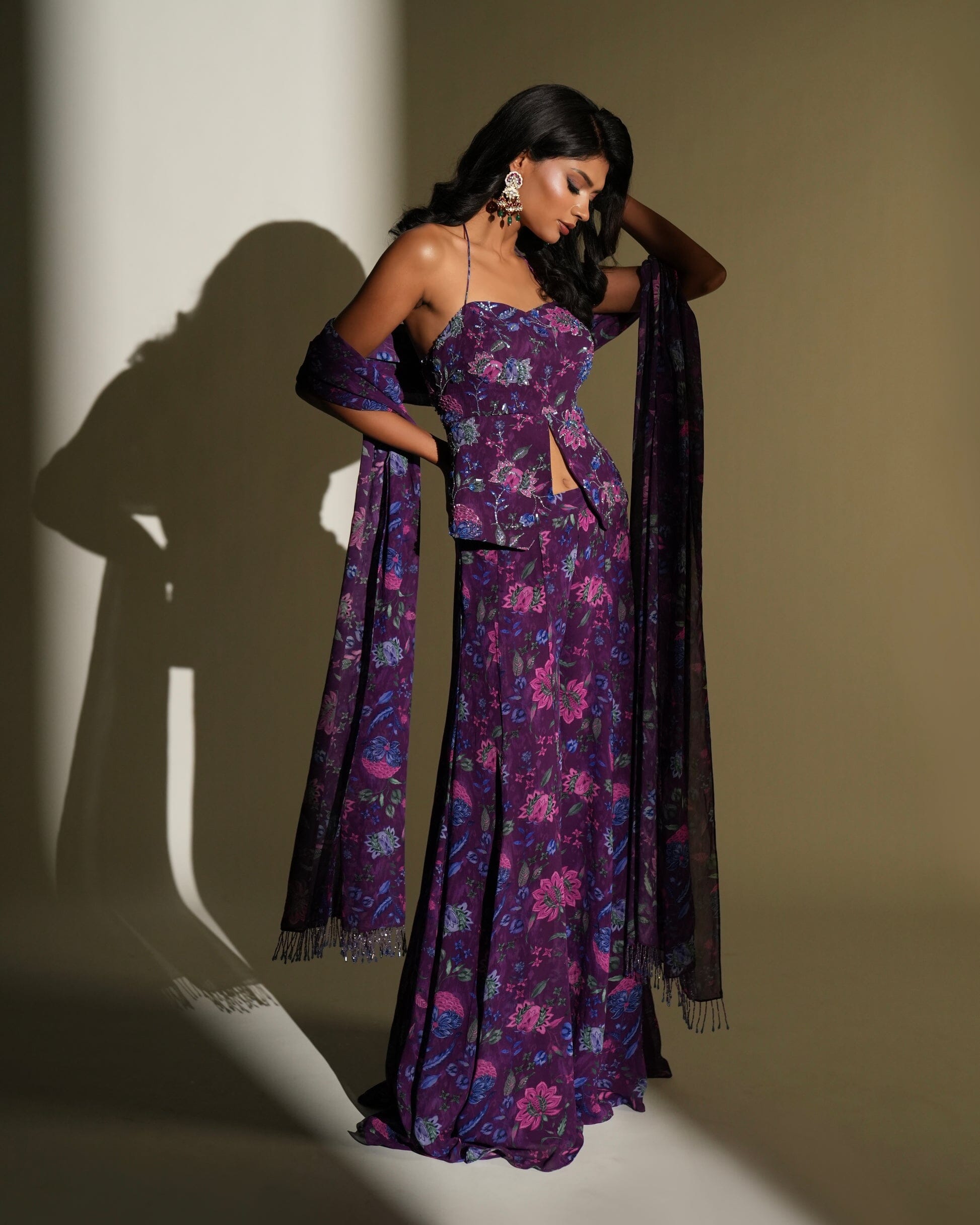 Florence by KIYOHRA – purple floral printed and embroidered pant set, view 3