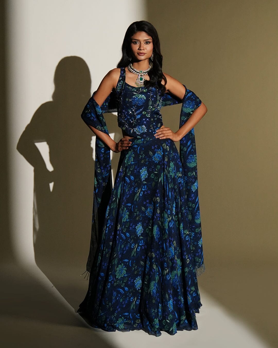 Inara by KIYOHRA – blue floral printed and embroidered lehenga, view 3