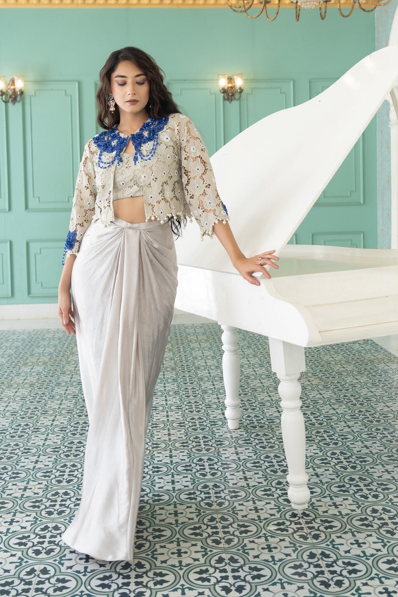 JAYA-Embroidered Draped Cape Set