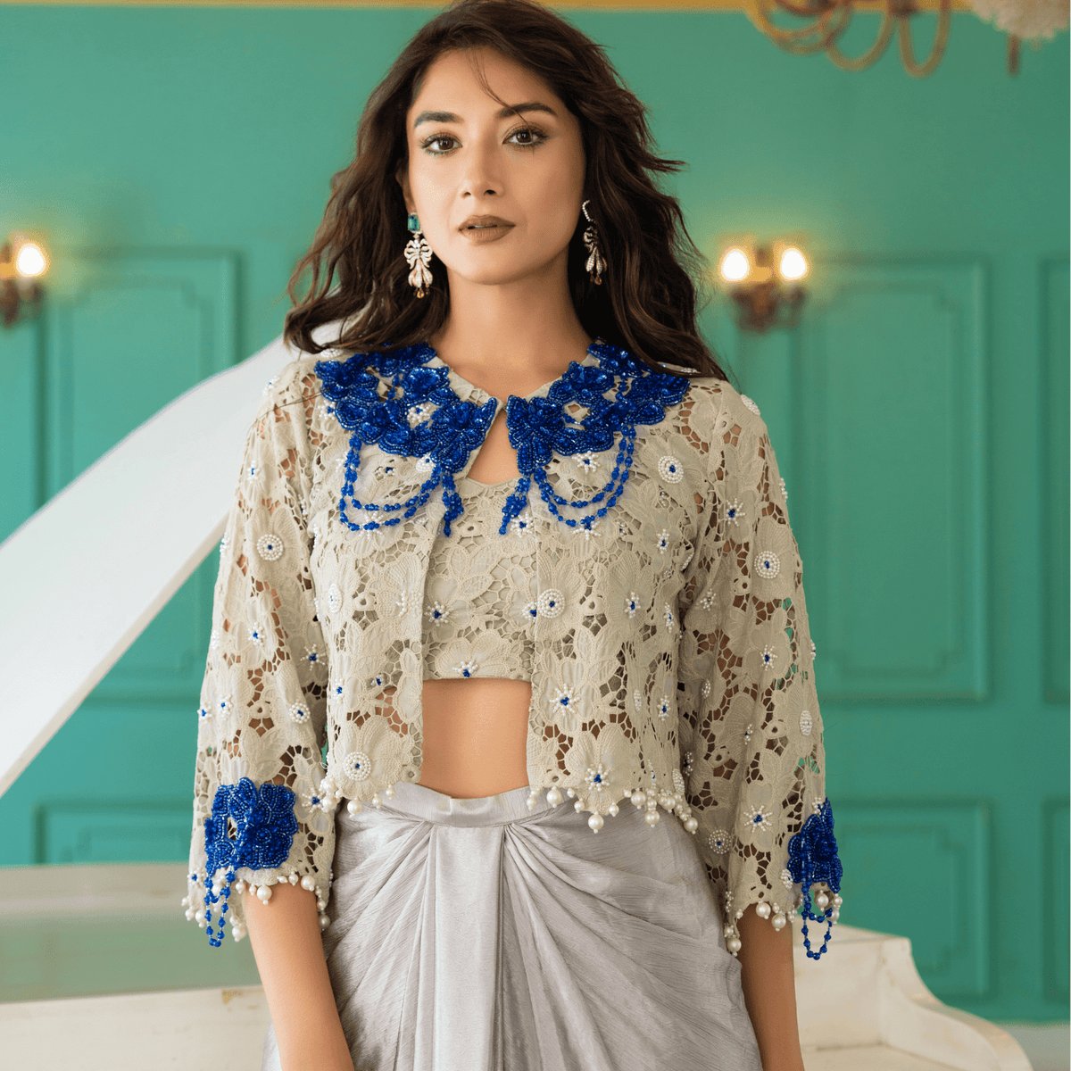 JAYA-Embroidered Draped Cape Set — view 1
