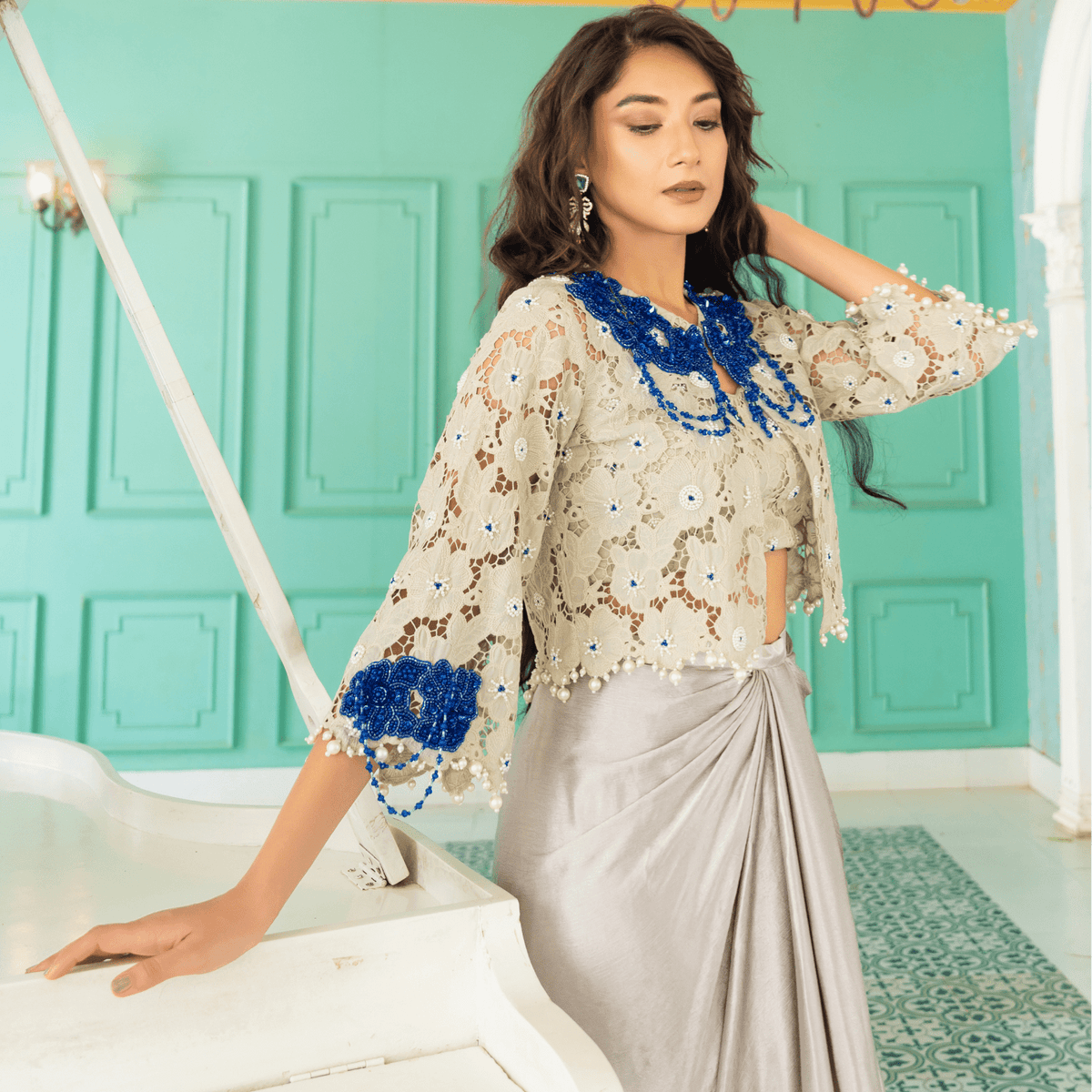 JAYA-Embroidered Draped Cape Set — view 4