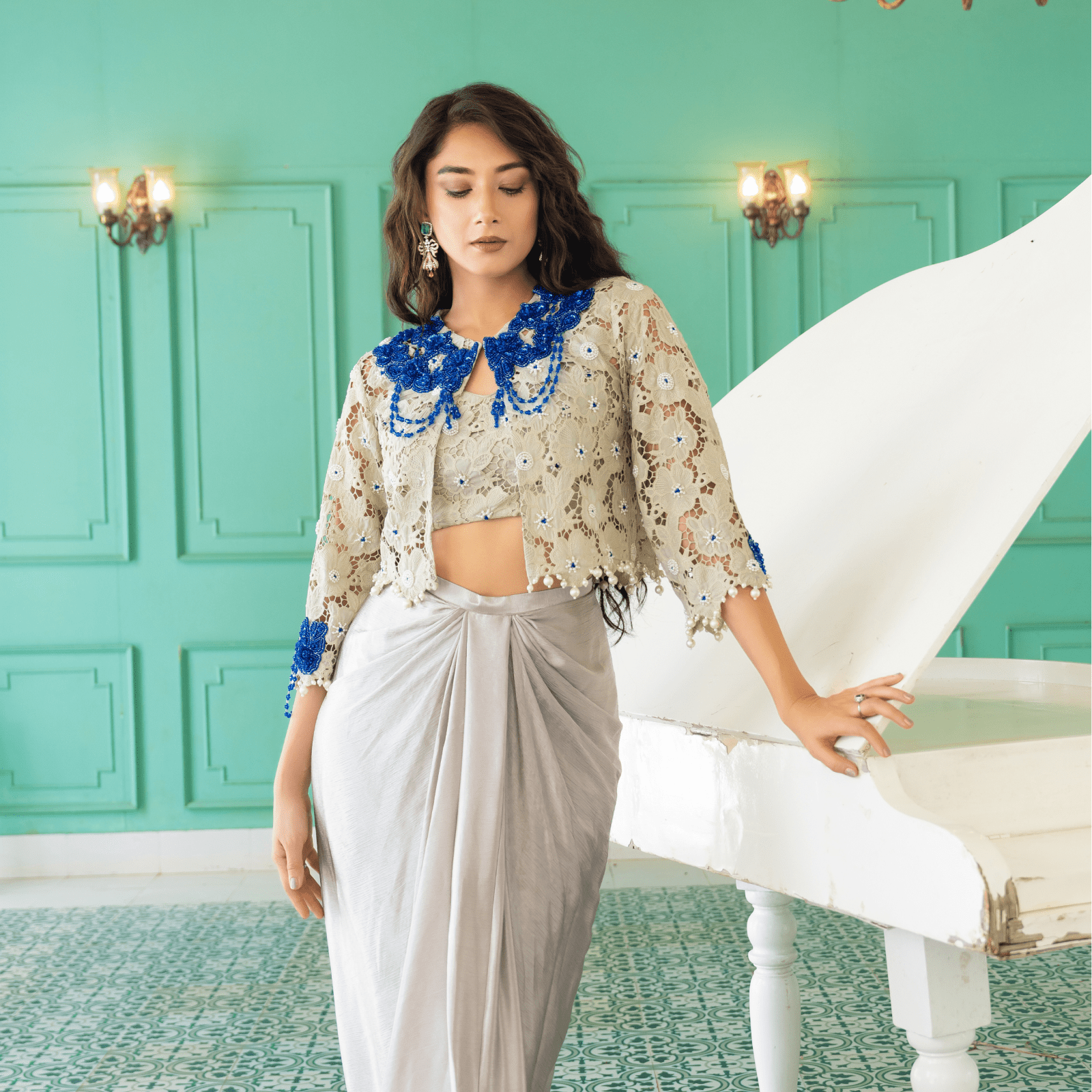 JAYA-Embroidered Draped Cape Set — view 3