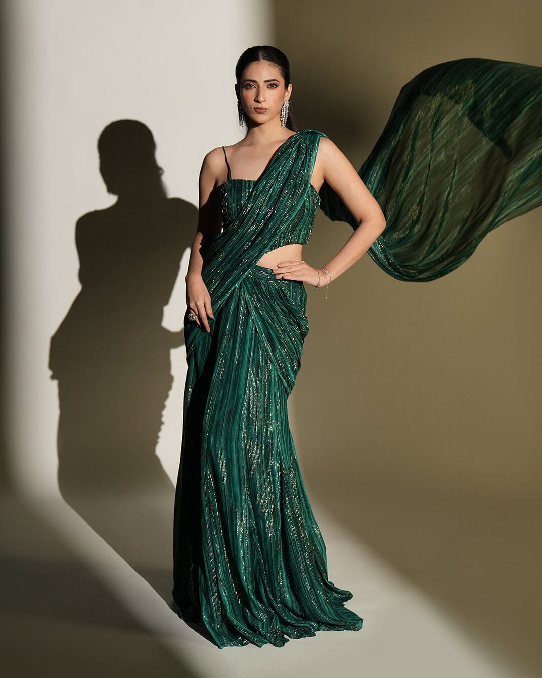 Lumi by KIYOHRA – green printed and embroidered saree set, view 1