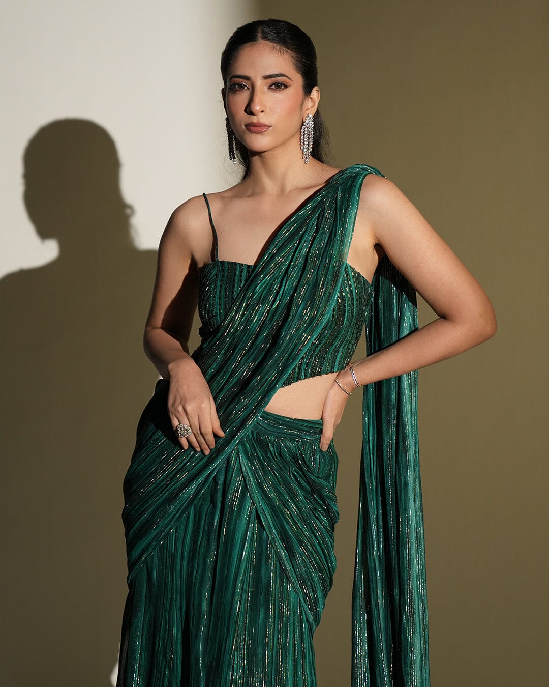 Lumi by KIYOHRA – green printed and embroidered saree set, view 4