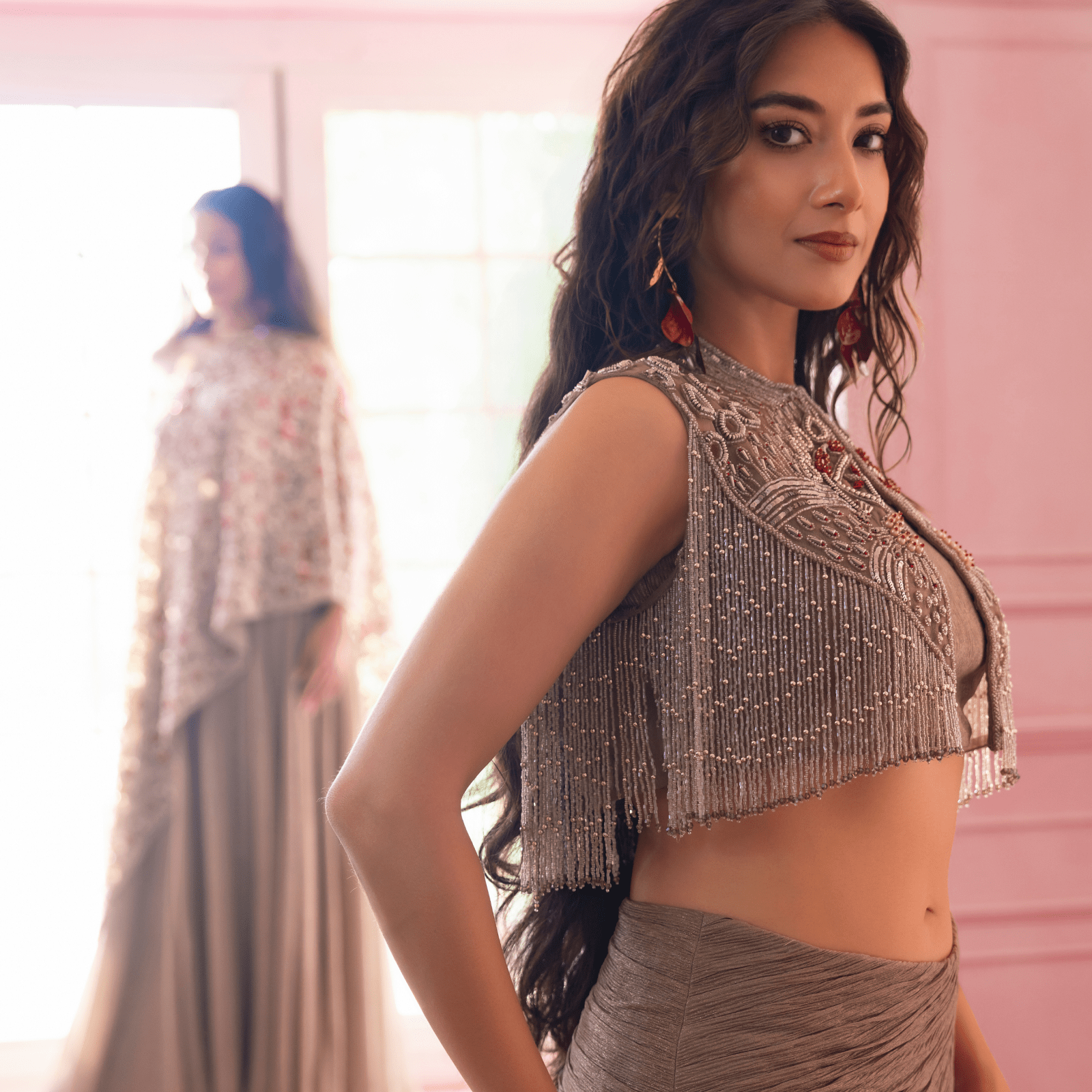 MAHADEVI-Tasselled Draped Cape Set — view 2