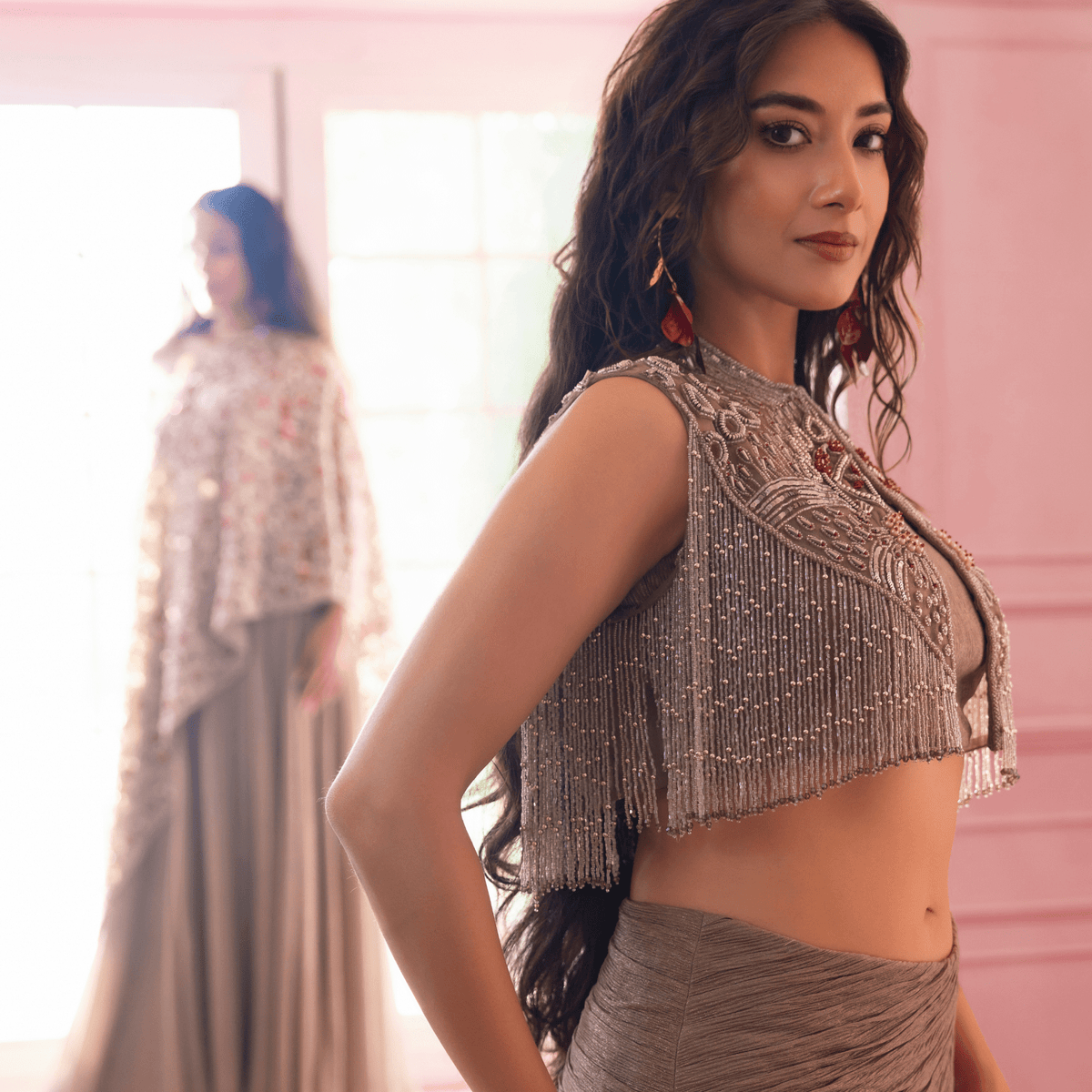 MAHADEVI-Tasselled Draped Cape Set — view 2